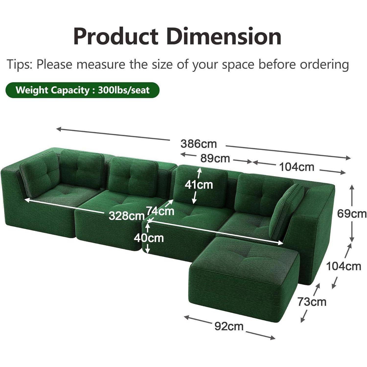Produktmaßstab-Diagramm eines grünen Ecksofa mit Chaiselongue, beschriftet mit „Gewichtskapazität: 300 lbs/Sitz"; Gesamtgröße 386 cm breit mit Sitz- und Rückenlehnen-Höhenmessungen.
