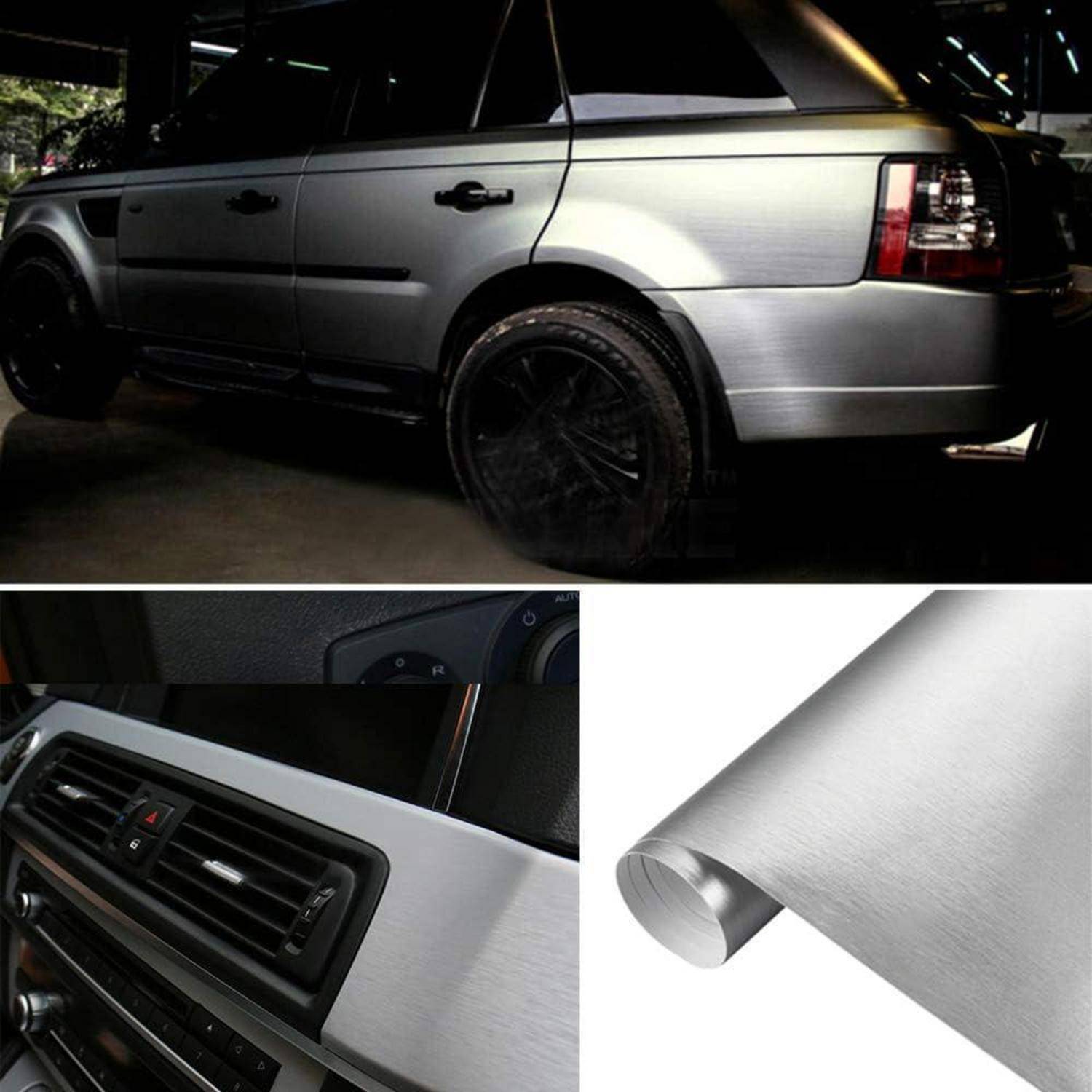 Silbernes gebürstetes Vinyl-Wrap auf einem Range Rover SUV, gezeigt an der Außenseite und der Armaturenbrett-Verkleidung, mit einer Nahaufnahme der metallischen Klebebrolle.