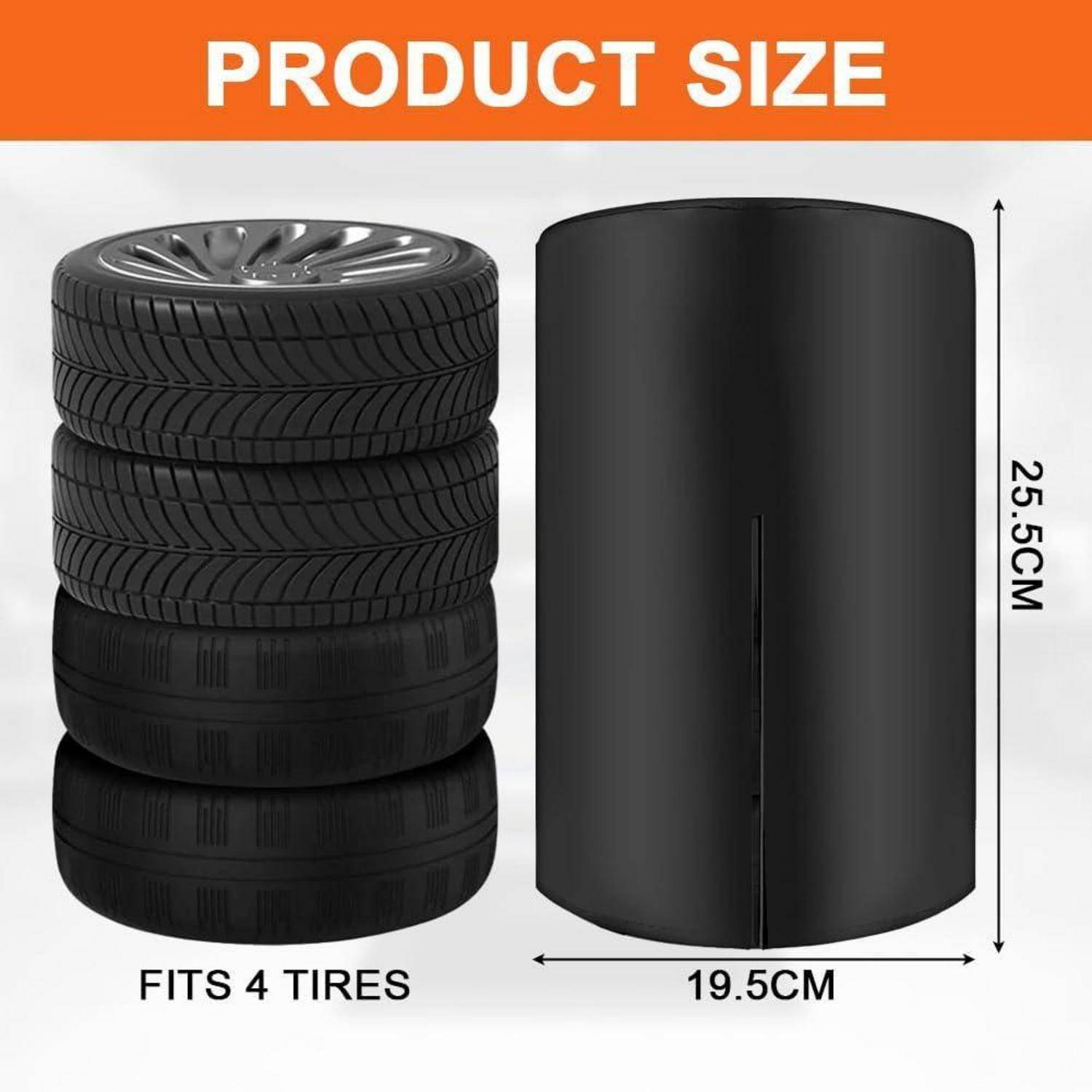 Produktgrößen-Grafik zeigt eine Reifenschutzhülle für 4 Reifen mit Abmessungen von 19,5 cm Breite und 25,5 cm Höhe.