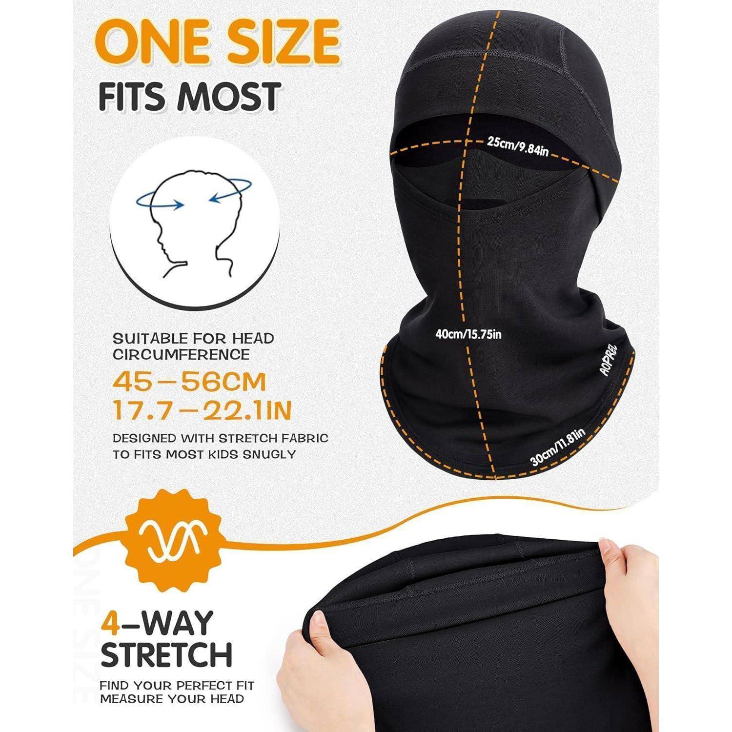 Produktgrafik einer schwarzen 4-Wege-Stretch-Balaclava/Halsgaiter mit der Aufschrift „ONE SIZE FITS MOST