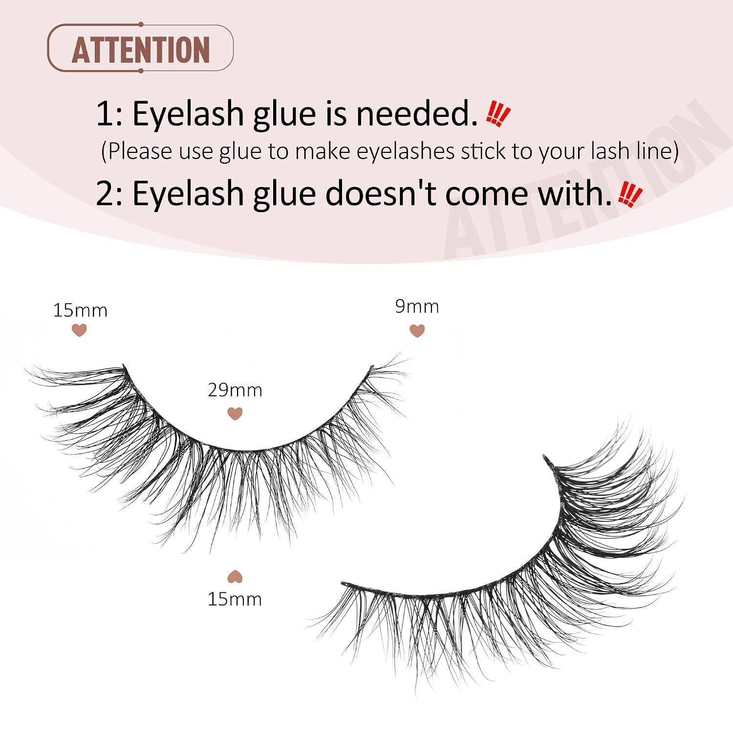 Aufmerksamkeitsmitteilung: Wimpernkleber ist erforderlich und nicht enthalten; das Bild zeigt zwei künstliche Wimpern mit den Bezeichnungen 15mm, 29mm und 9mm.