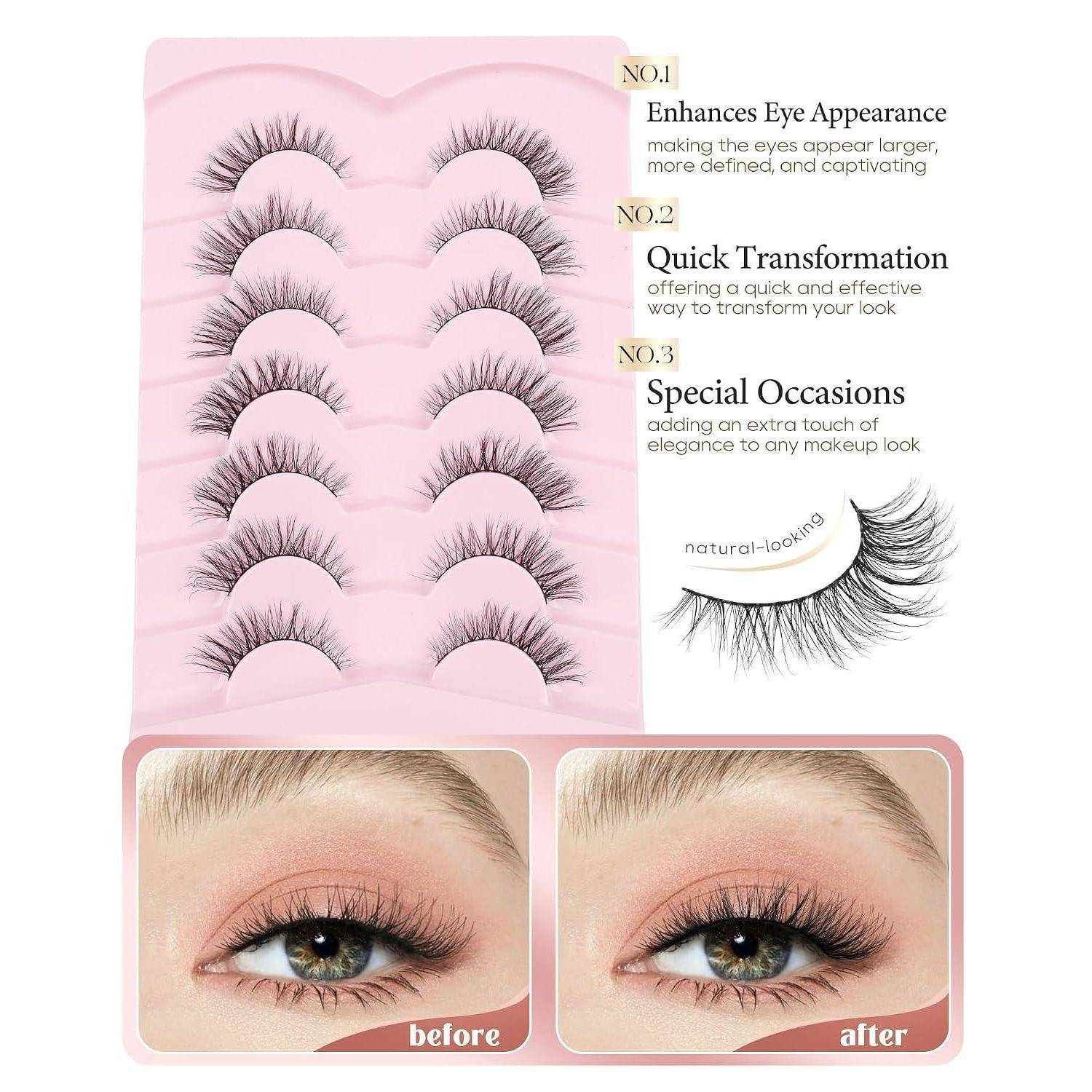 Werbebild für künstliche Wimpern mit mehreren Wimpernstilen, Aussagen über verbesserte Augen und schnelle Umwandlung, plus Vorher-Nachher-Vergleich der Augen.