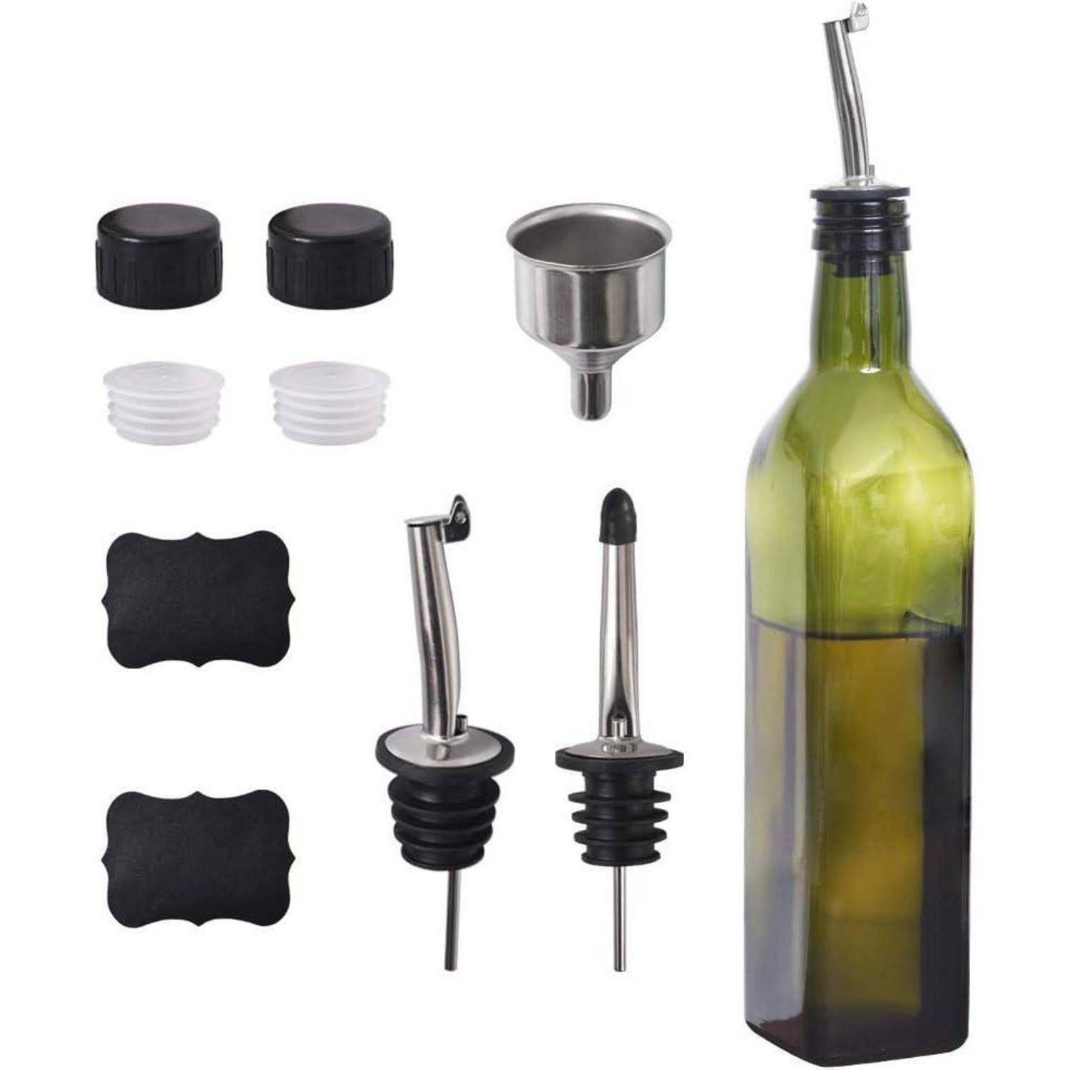 Weinflaschenausgießer, Stopfen und Kappen als Set neben einer grünen Flasche dargestellt, die wiederverwendbare Verschlüsse und Ausgießzubehör für Flaschen veranschaulicht.