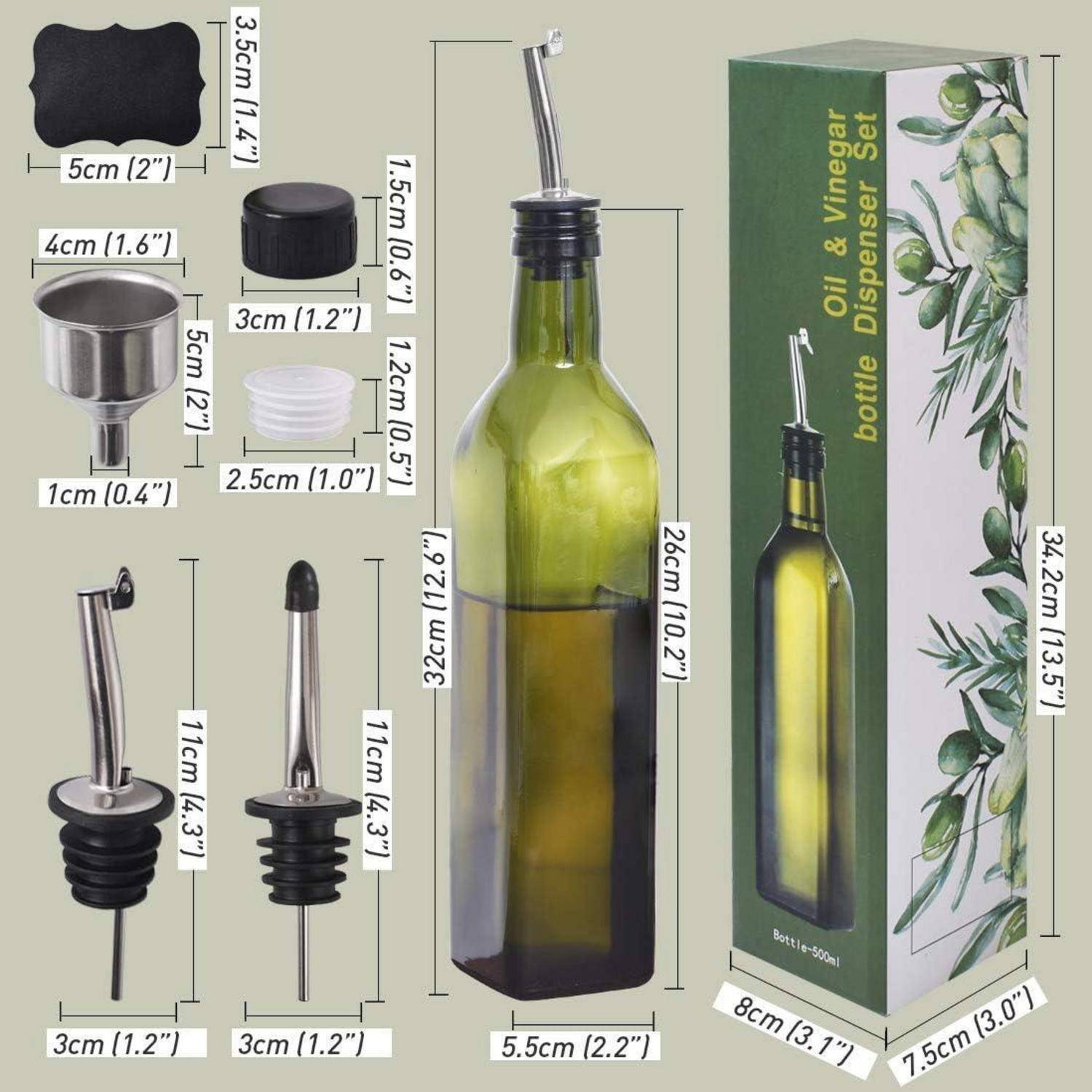 Öl- und Essigspender-Set mit grüner Glasflasche, Ausgießer, Verschluss, Trichter und abgemessenen Maßen auf der Verpackung.