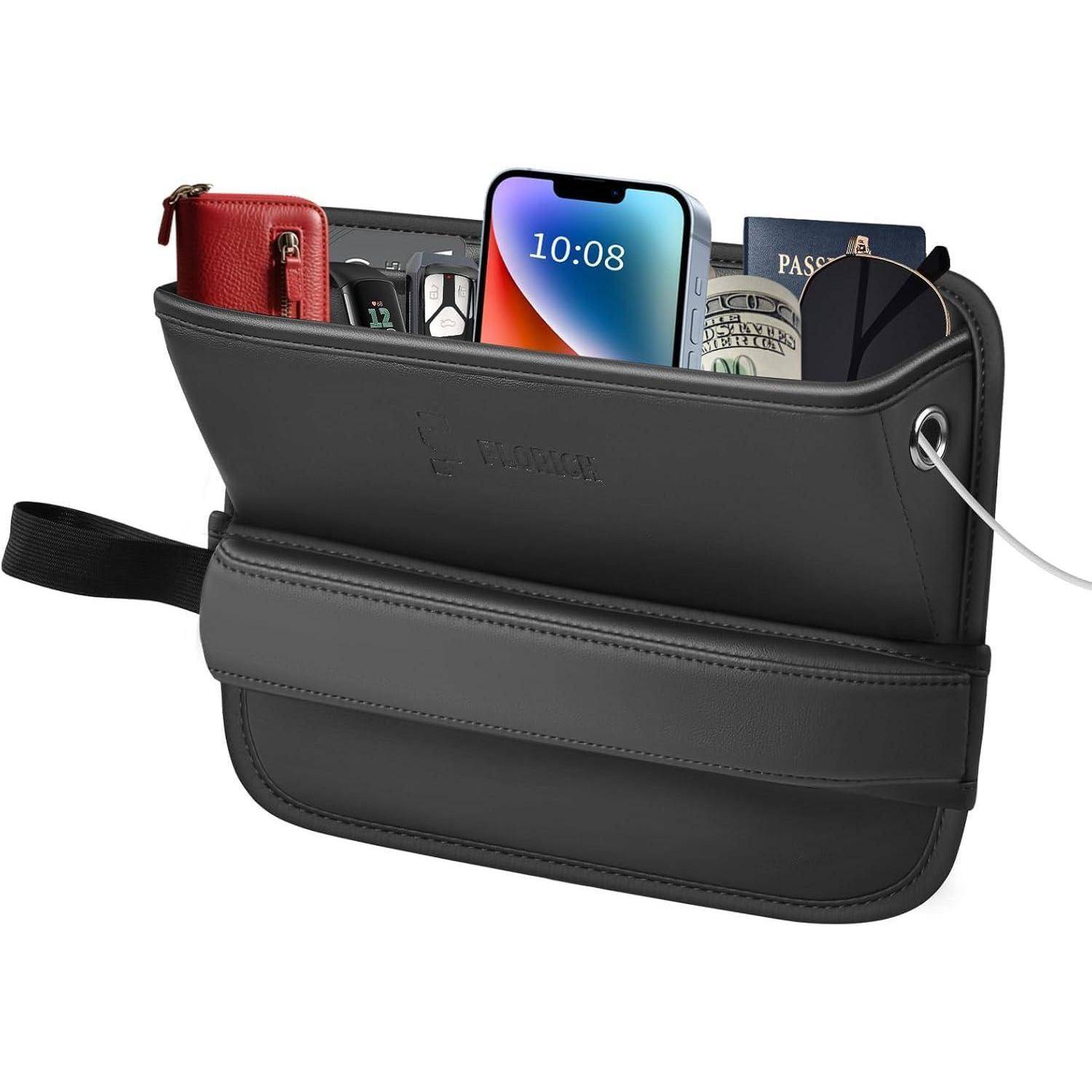 Schwarze Leder-Organizer-Tasche mit Telefon, Pass, Geldbörse, Schlüsseln und Bargeld, mit Riemen und Schulterbefestigung.