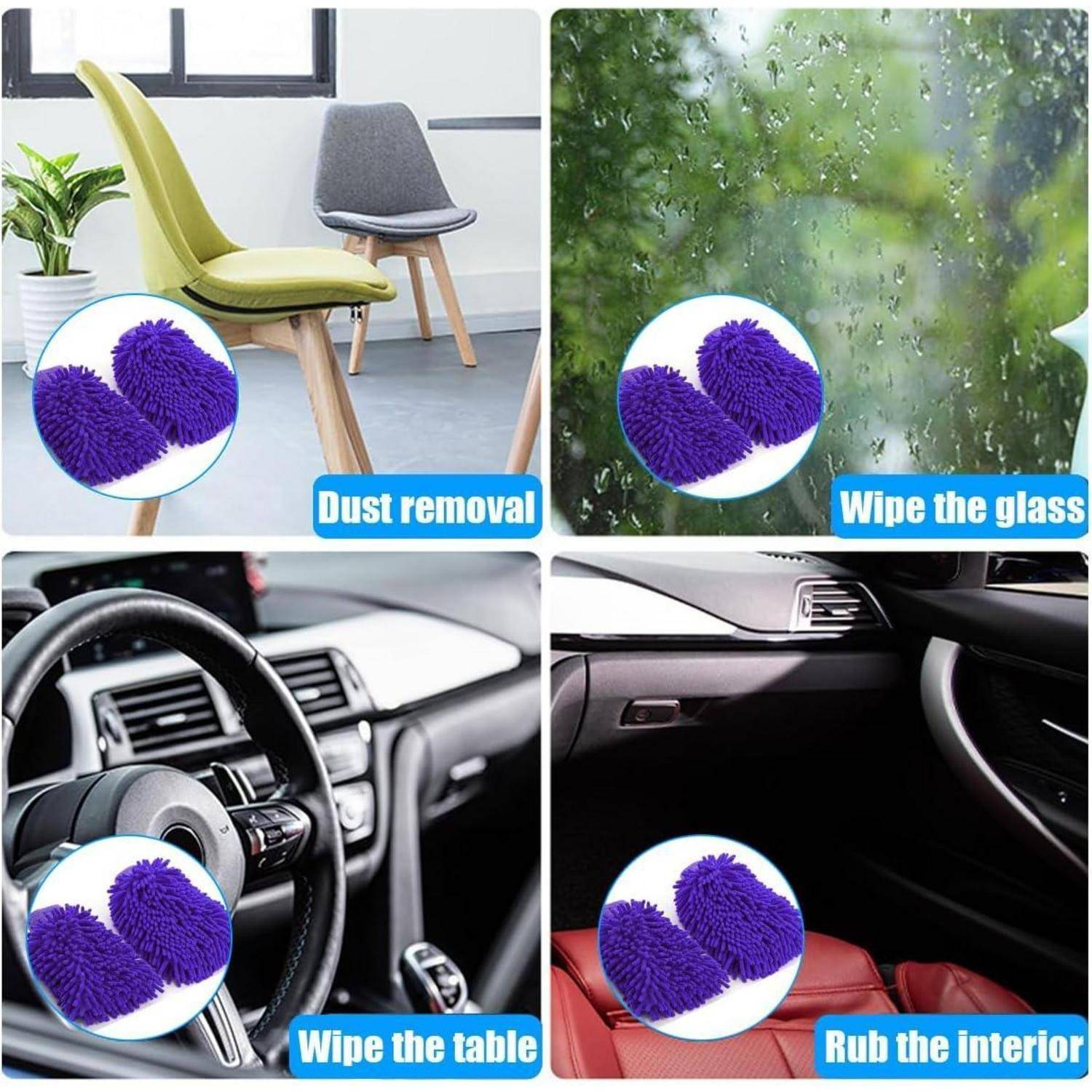 Vier-Panel-Anzeige zeigt einen violetten Mikrofaser-Reinigungsball zur Staubentfernung auf einem Stuhl, zum Abwischen von Glas und zum Reinigen von Autoinnenraum-Oberflächen.