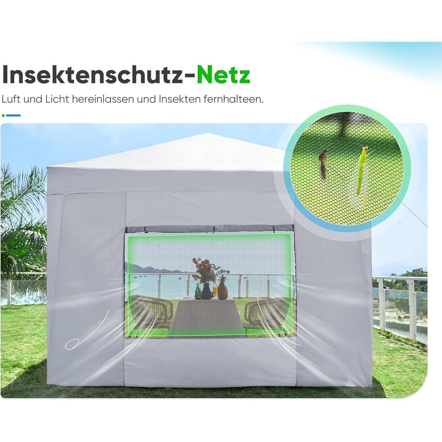 Insektenschutz-Netz für ein Zelt, gezeigt mit Detailansicht des Maschenfensters; Text sagt „Insektenschutz-Netz" und „Luft und Licht hereinlassen und Insekten fernhalten."