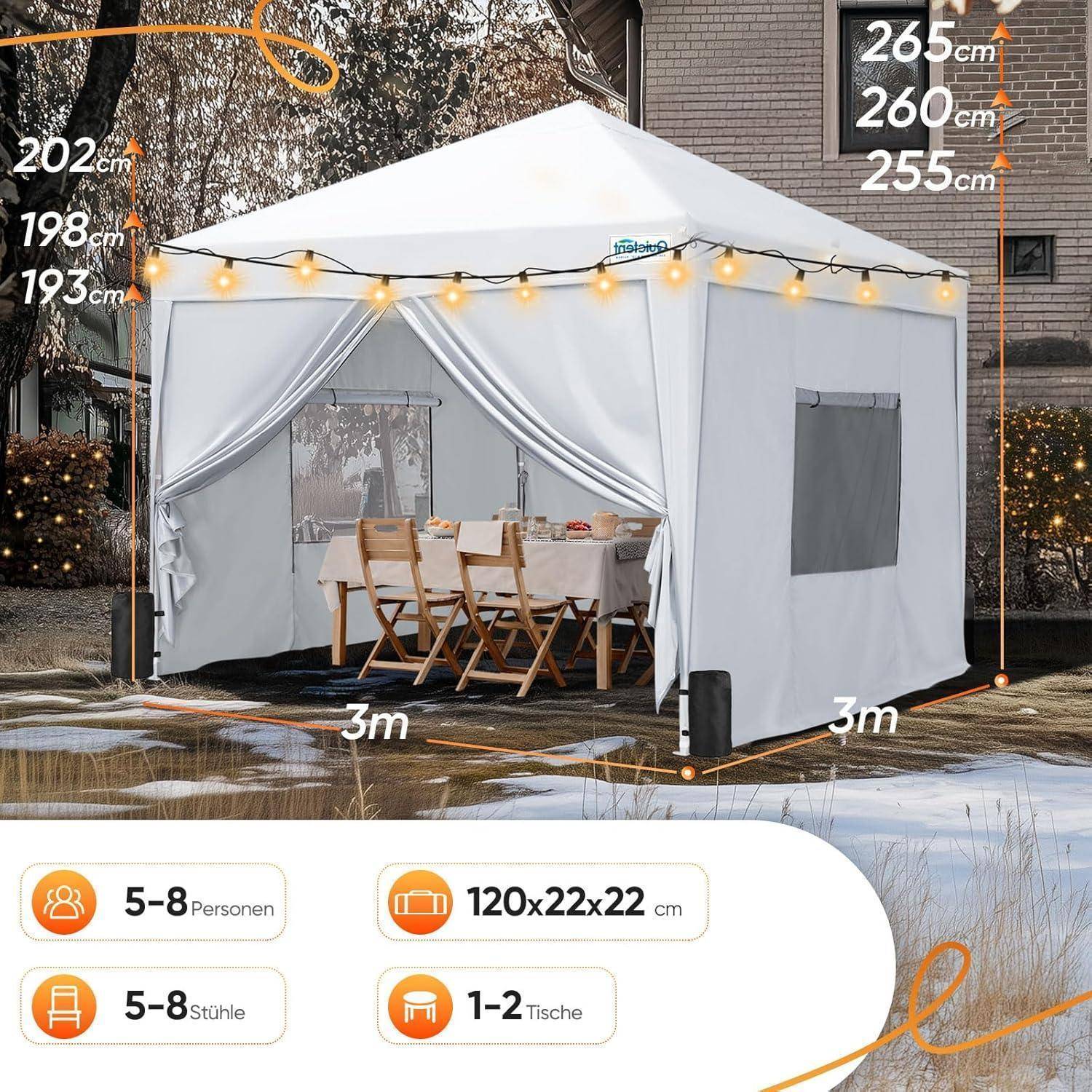Weißes 3m x 3m Outdoor-Pavillon mit Vorhängen, Lichterketten, Tisch und Stühlen; Größenangaben zeigen eine Höhe von 202-265 cm und Kapazität für 5-8 Personen, 5-8 Stühle, 1-2 Tische.