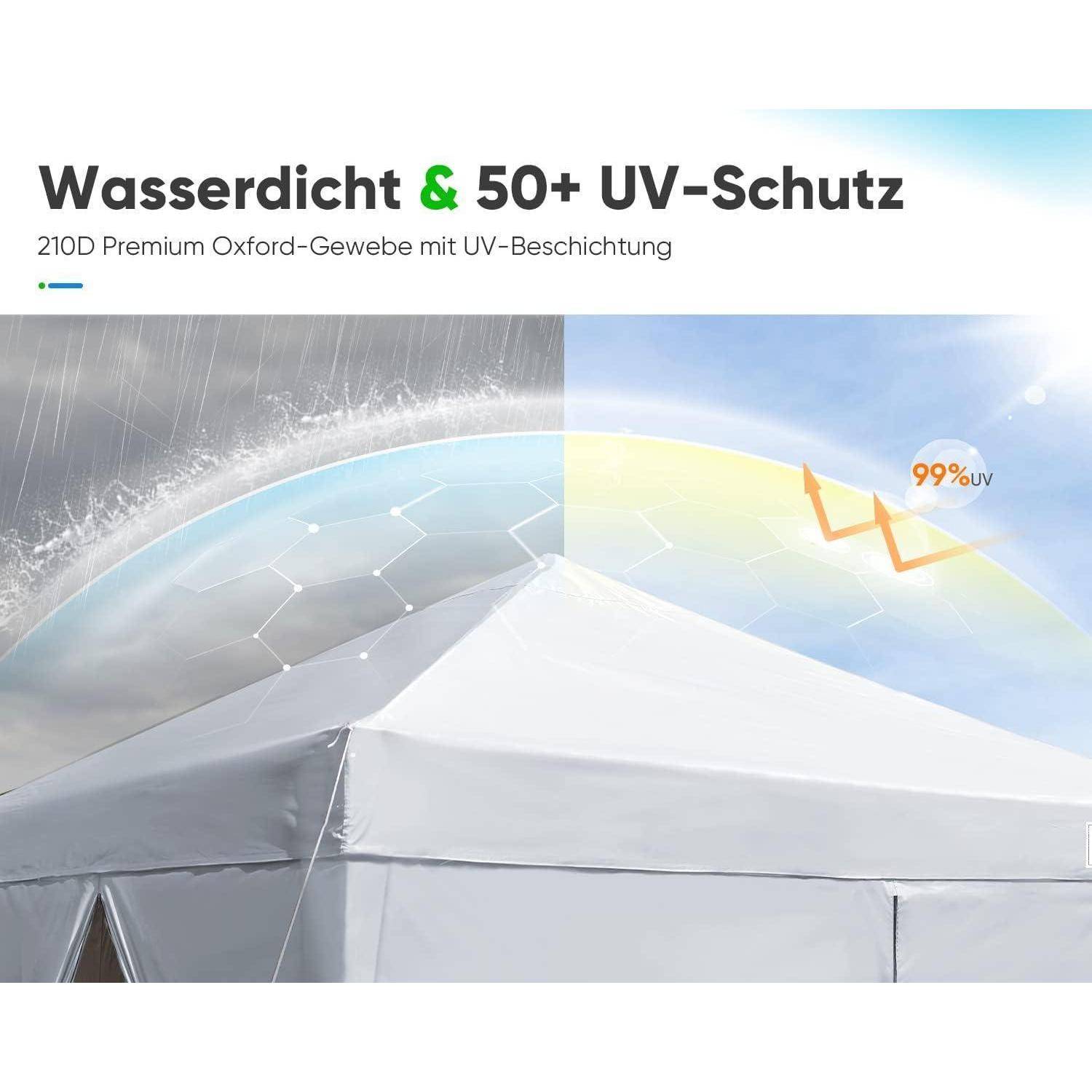 Werbegrafikaufnahme eines weißen Zeltstoffs mit wasserdichtem und 50+ UV-Schutz, mit den Beschriftungen "Wasserdicht & 50+ UV-Schutz"" und ""210D Premium Oxford-Gewebe mit UV-Beschichtung"", mit Symbol ""99% UV"".