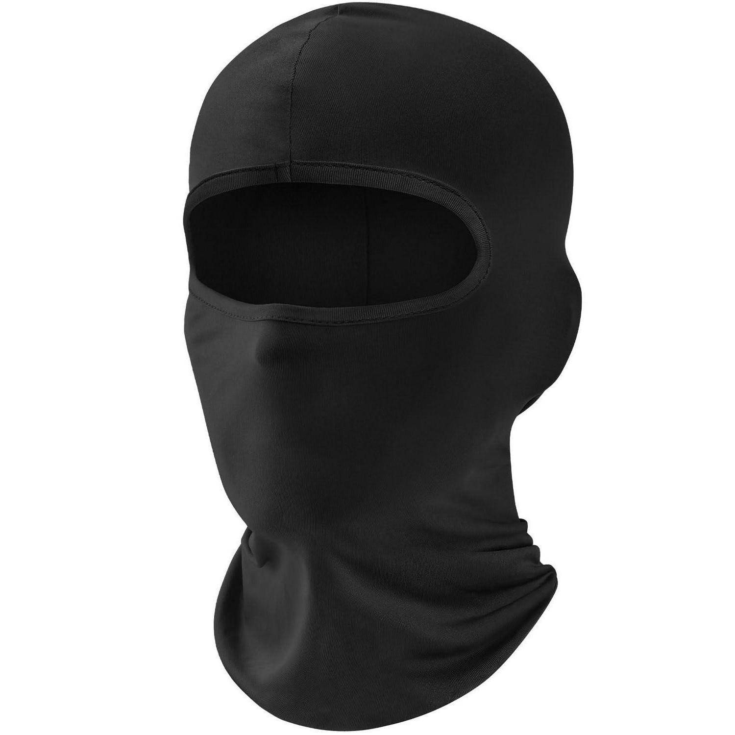 Schwarze Sturmhaube mit vollem Gesichtsschutz und Augenlöchern, die Kopf, Hals und Unterkiefer auf weißem Hintergrund bedeckt.