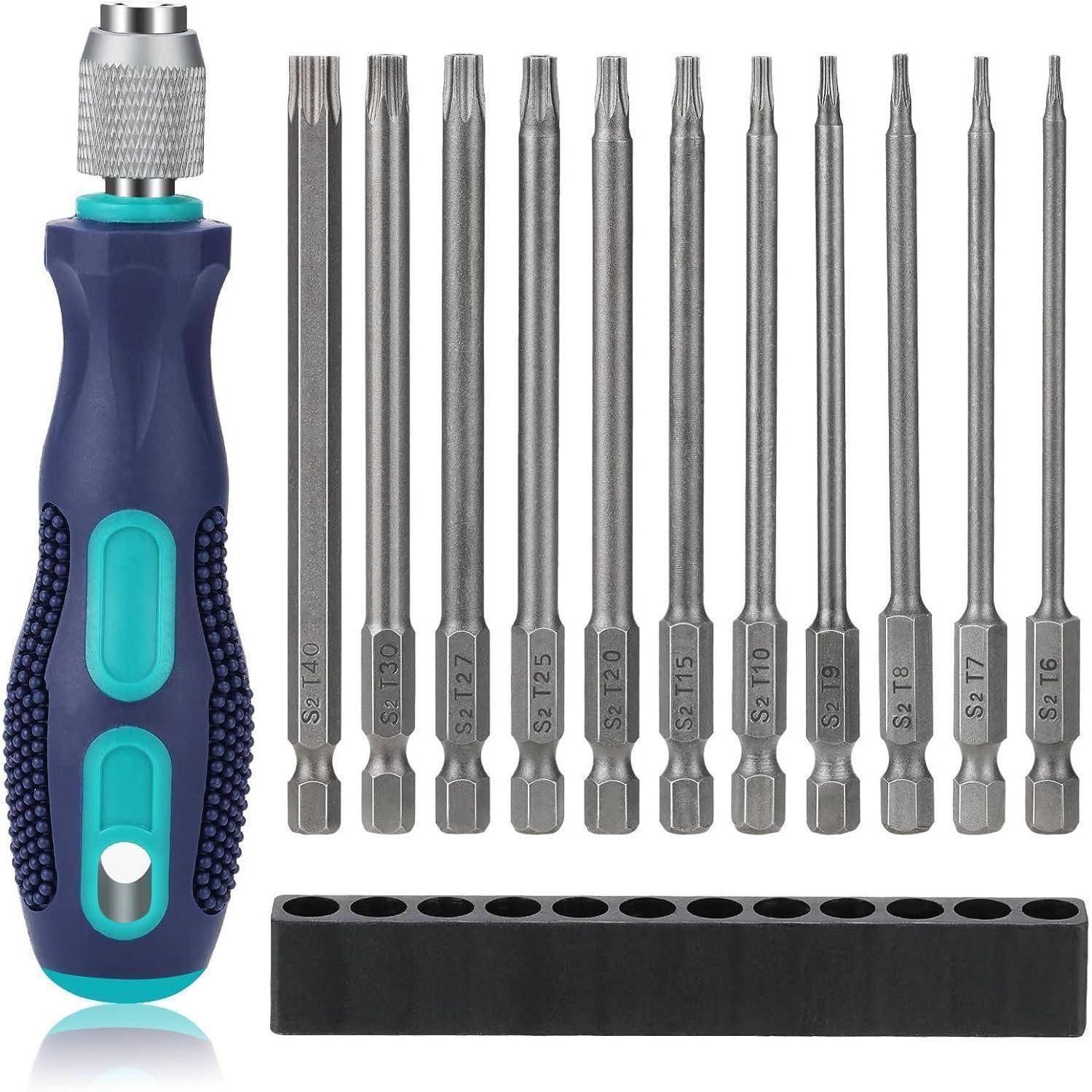 Präzisions-Schraubendrehergriff mit 11 kleinen Torx-ähnlichen Bits und einem Bit-Halterblock auf weißem Hintergrund.