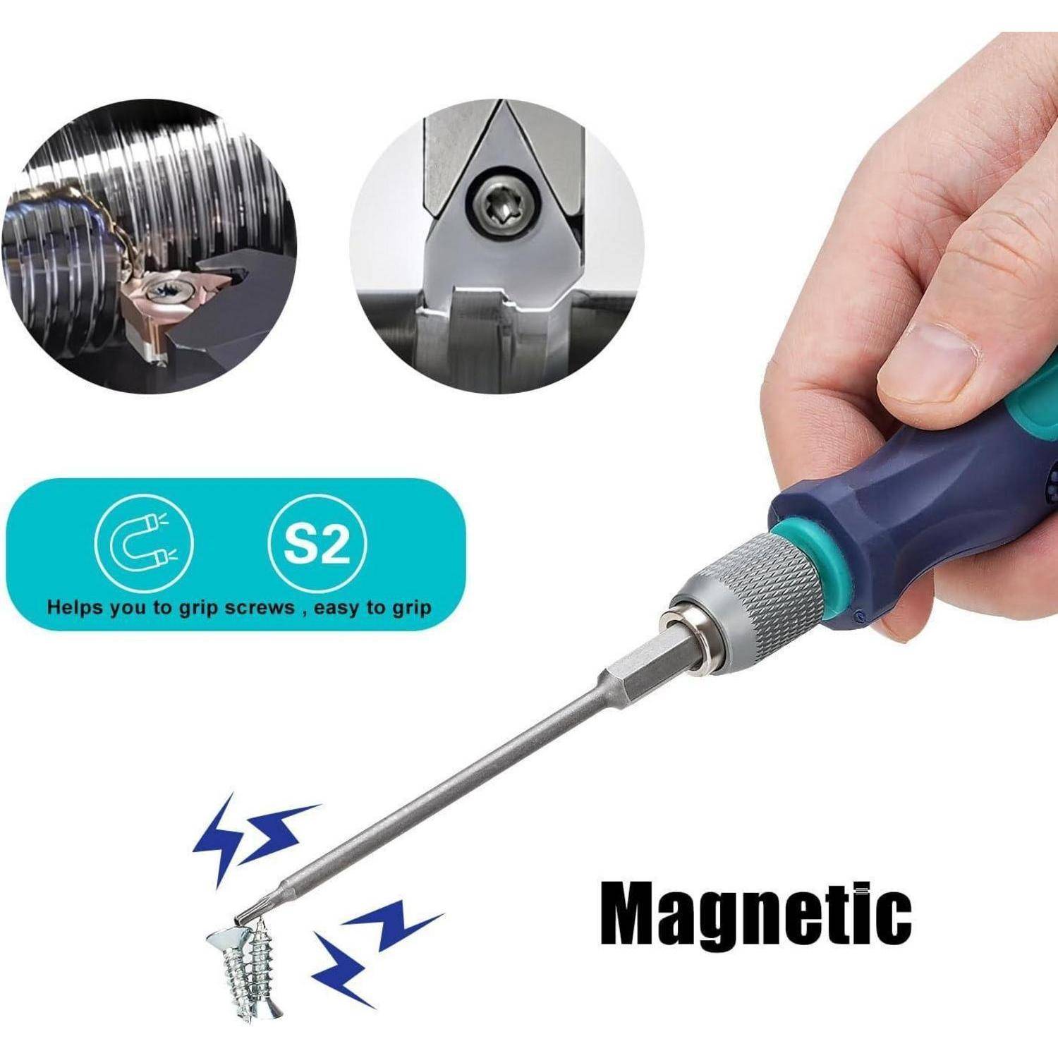 Hand hält einen Magnetschraubendreher, der eine Schraube entfernt, mit Nahaufnahmen der Spitzengriffposition und dem Wort 