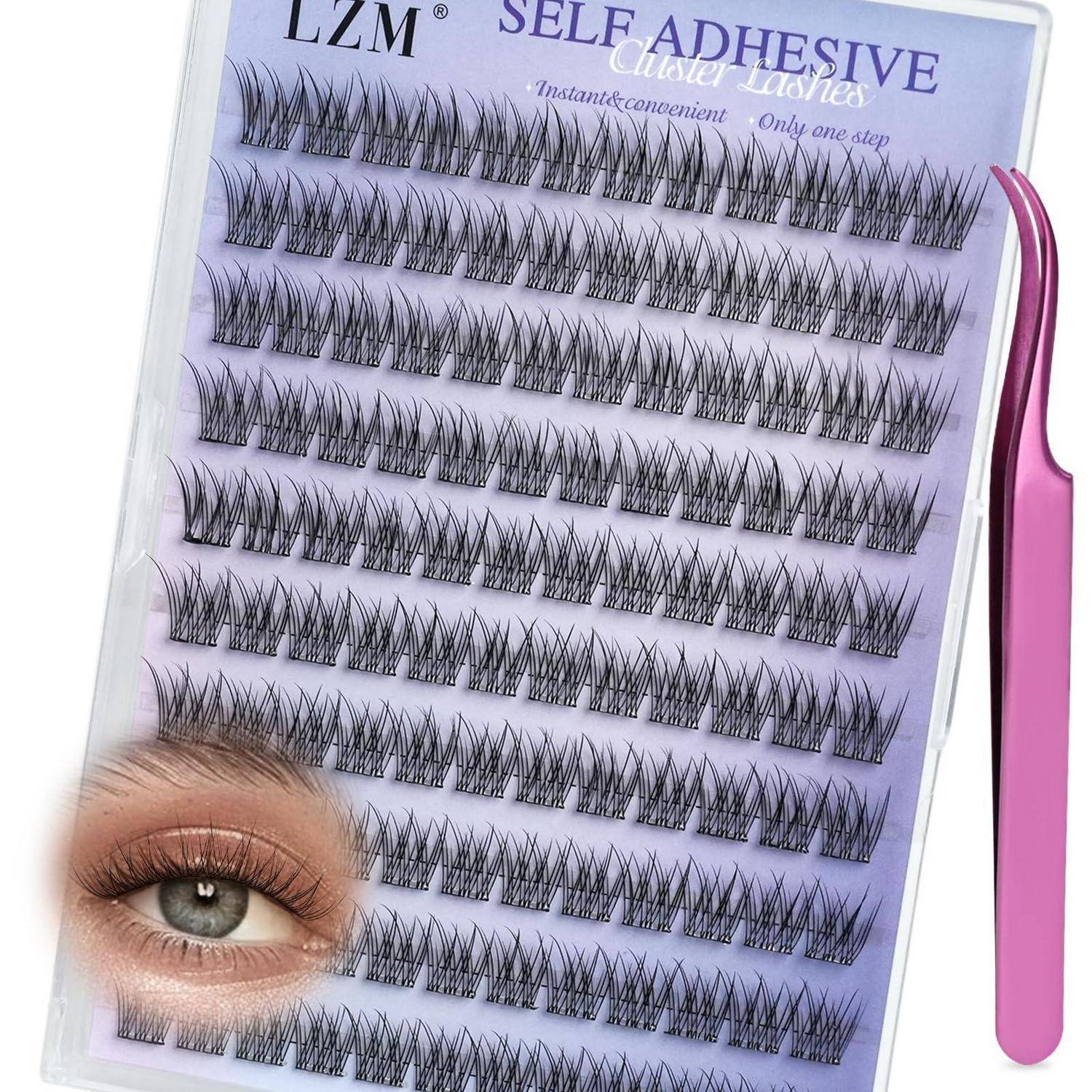 Packung mit selbstklebenden Wimpernbündeln von LZM mit rosa Pinzette und Augenbeispiel, das den angebrachten Wimpernstil zeigt.