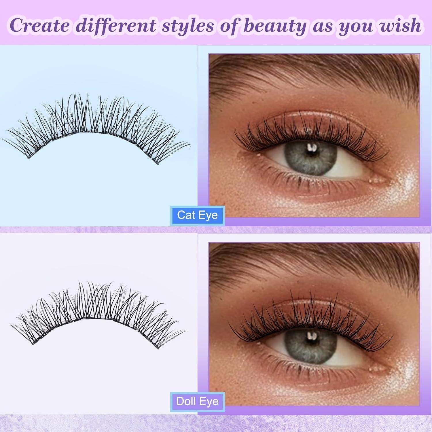 Schönheitsstil-Anleitung mit zwei falschen Wimpernlooks mit den Bezeichnungen „Cat Eye