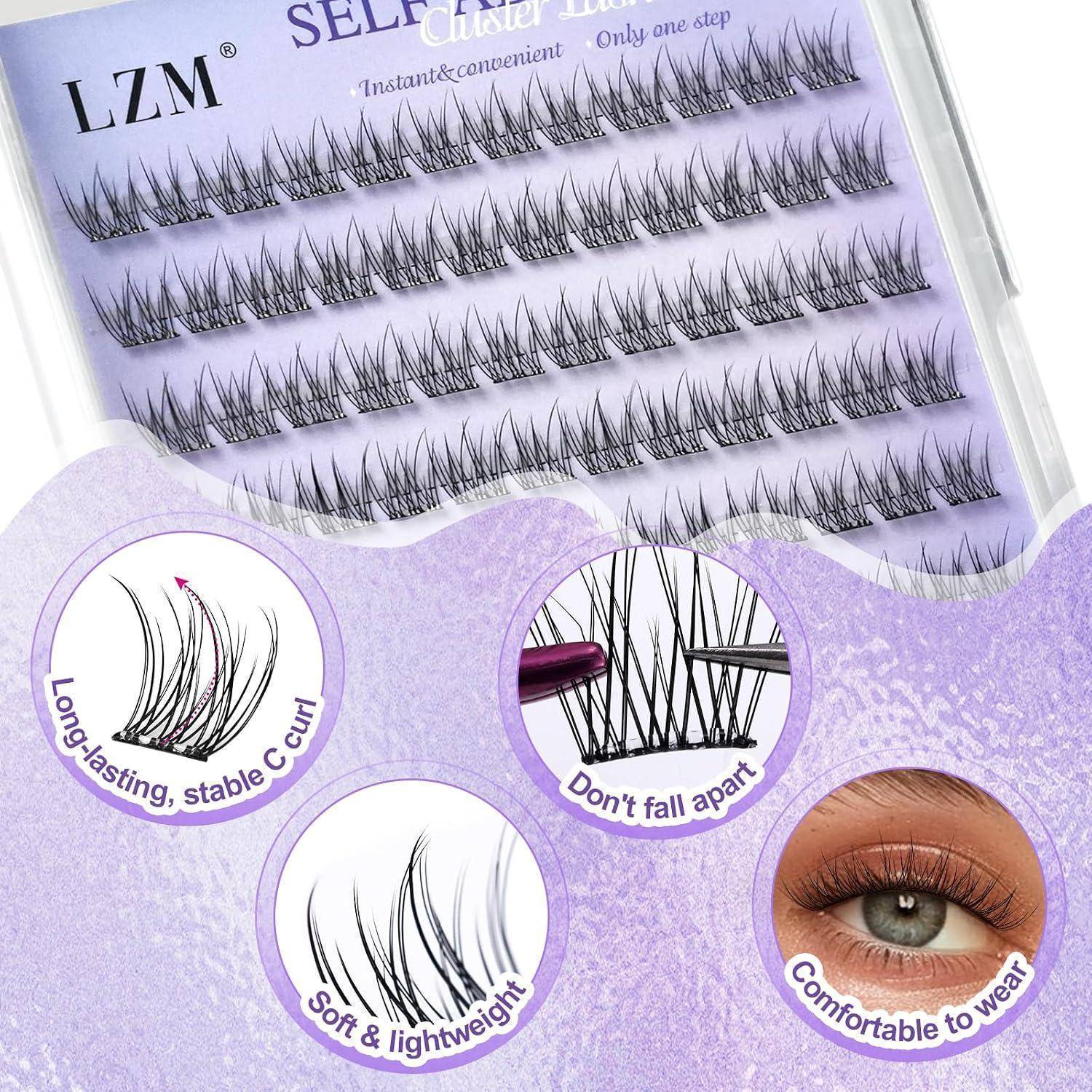 Packung mit LZM-Cluster-Wimpernverlängerungen in Reihen, mit Produktdiagrammen, die Lockung, Haltbarkeit, Weichheit und angenehmes Tragen hervorheben.