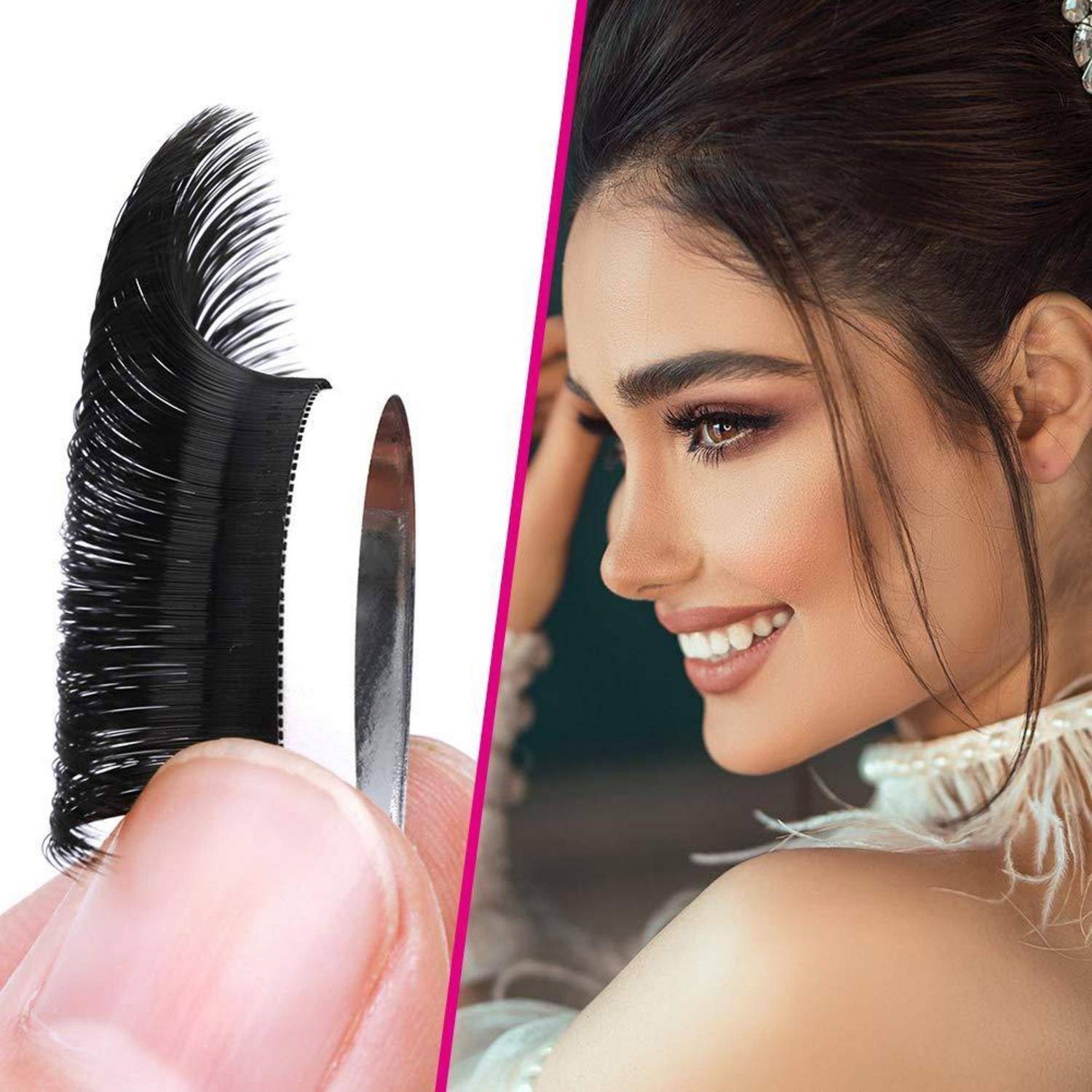 Geteiltes Bild einer Hand, die einen Wimpernstreifen mit einer Pinzette hält, und einer lächelnden Frau mit Make-up, die das Ergebnis der Wimpernverlängerung zeigt.