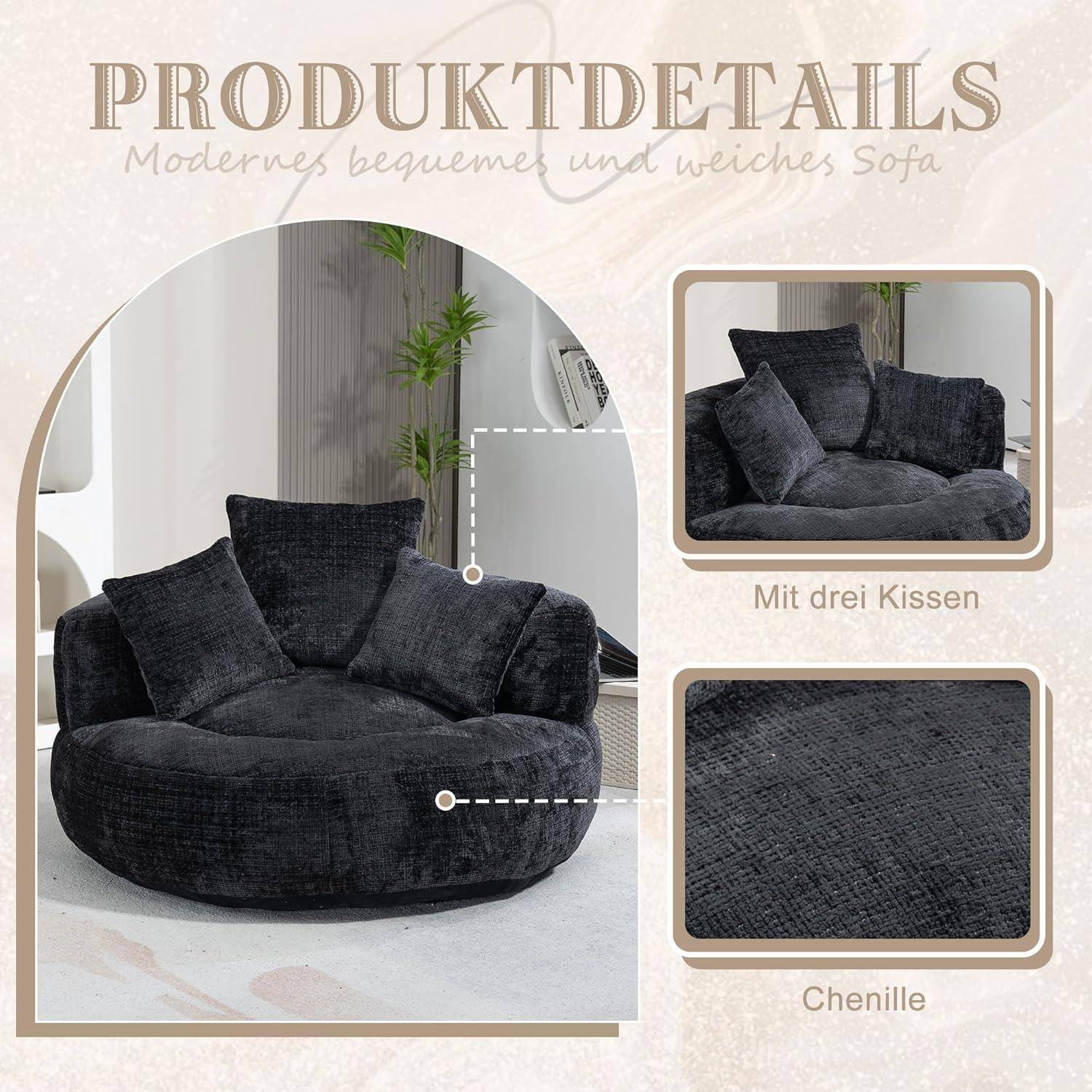 Produktdetail-Grafik eines modernen weichen Sofas, gezeigt mit drei Kissen und Nahaufnahme des Chenille-Stoffs.