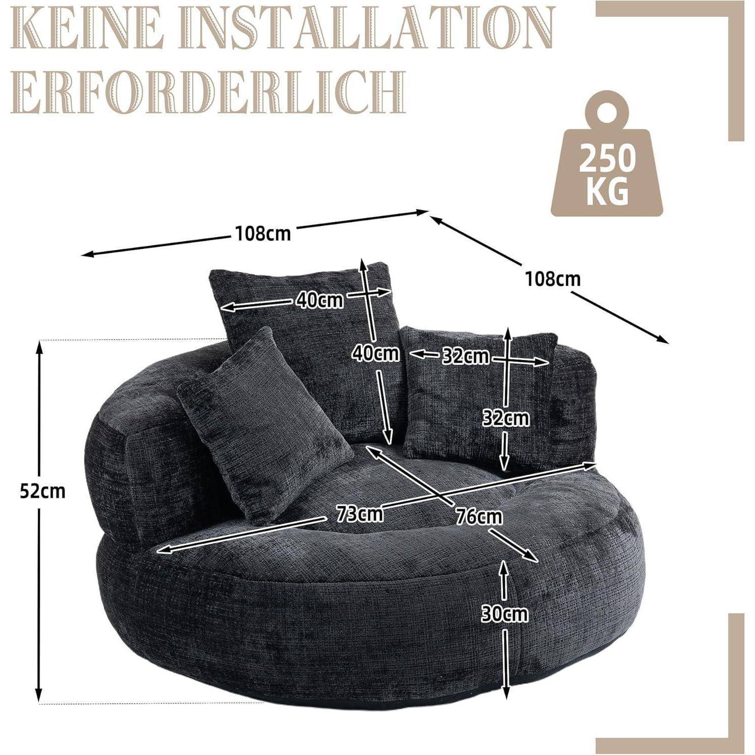 Foto eines kompakten dunkelgrauen Stuhls mit zwei Kissen, annotiert mit den Abmessungen: 108 cm breit, 52 cm hoch und 250 kg Gewichtskapazität.