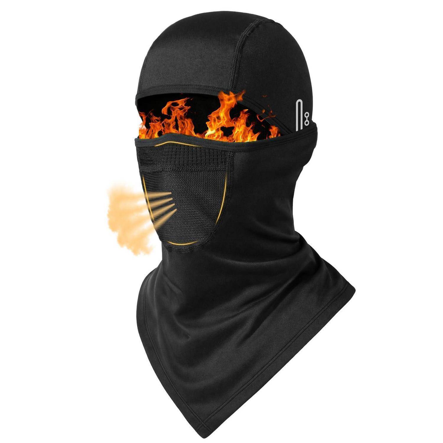 Schwarze feuerfeste Sturmhaube oder Gesichtsmaske, die Kopf und Nacken bedeckt, dargestellt mit Flammen und Luftströmung um die Mundöffnung.