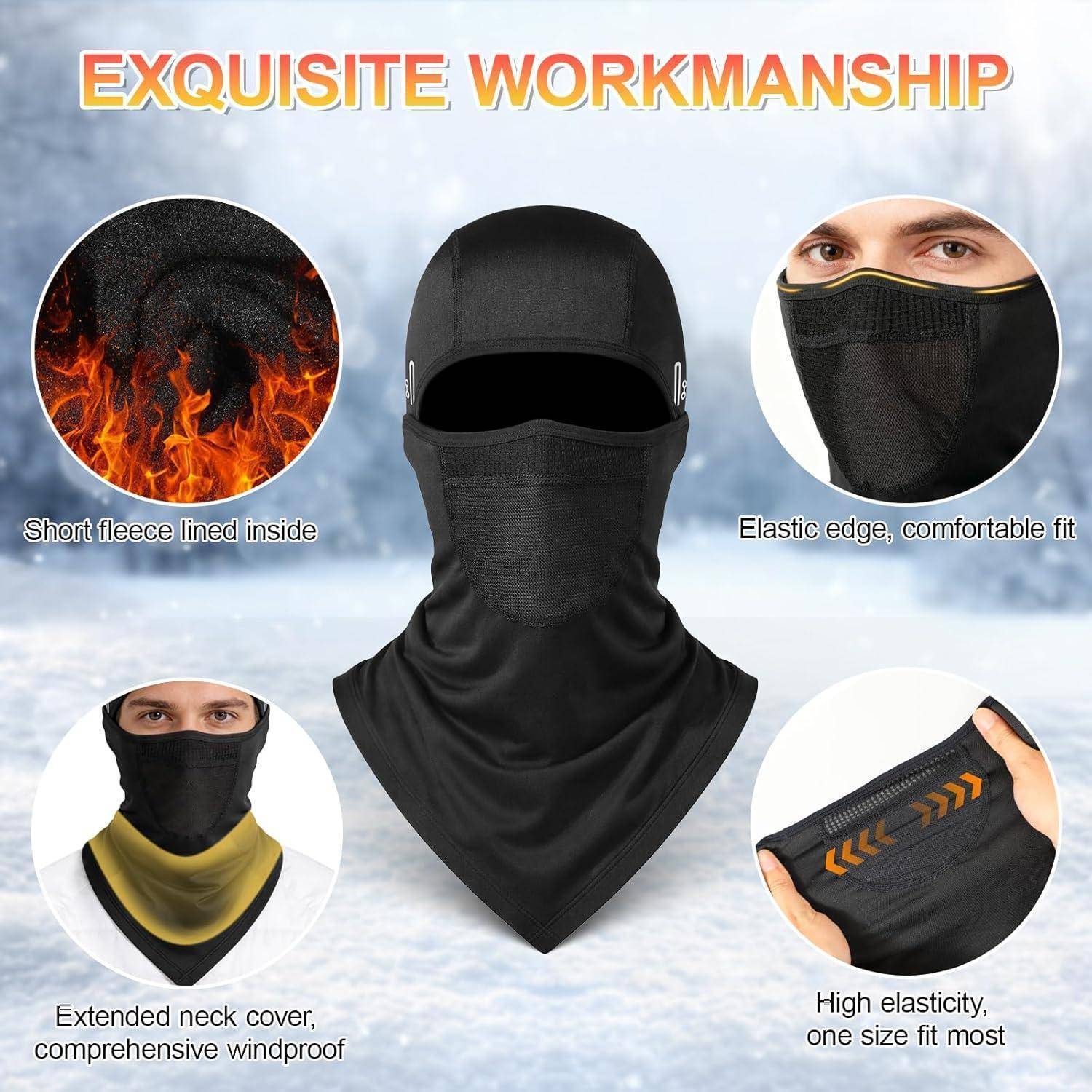 Werbebild einer schwarzen Sturmhaube mit Fleece-Futter, gezeigt mit Beschriftungen für kurzes Fleece-Futter, elastischer Rand, verlängerte Nackenbedeckung und winddichte Passform.