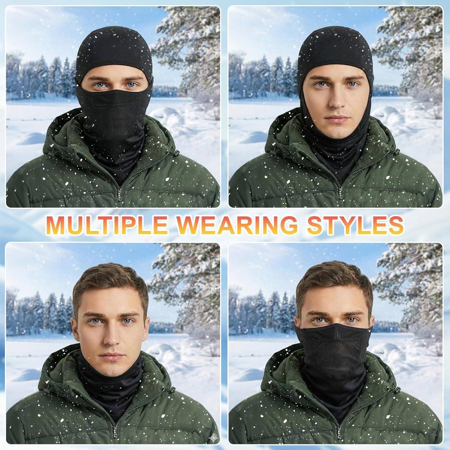Collage mit einem Mann, der eine schwarze Wintergesichtsmaske in vier verschiedenen Stilen trägt, mit dem Text „MEHRERE TRAGEWEISEN" zwischen den Fotos.