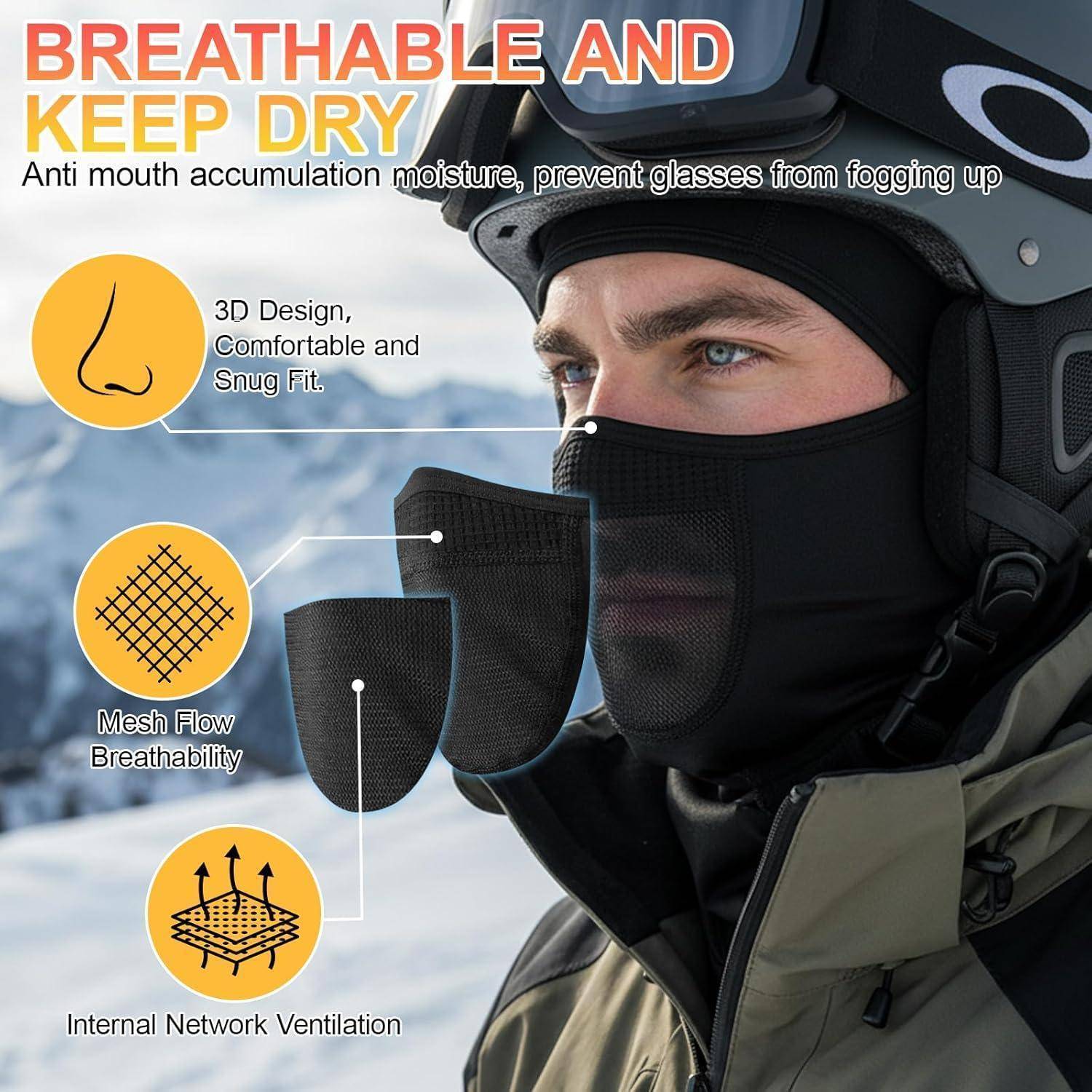 Werbebild einer Person mit Helm und schwarzer Gesichtsmaske, das das atmungsaktive, beschlagfreie Mesh-Design mit Symbolen für Komfort und Belüftung hervorhebt.