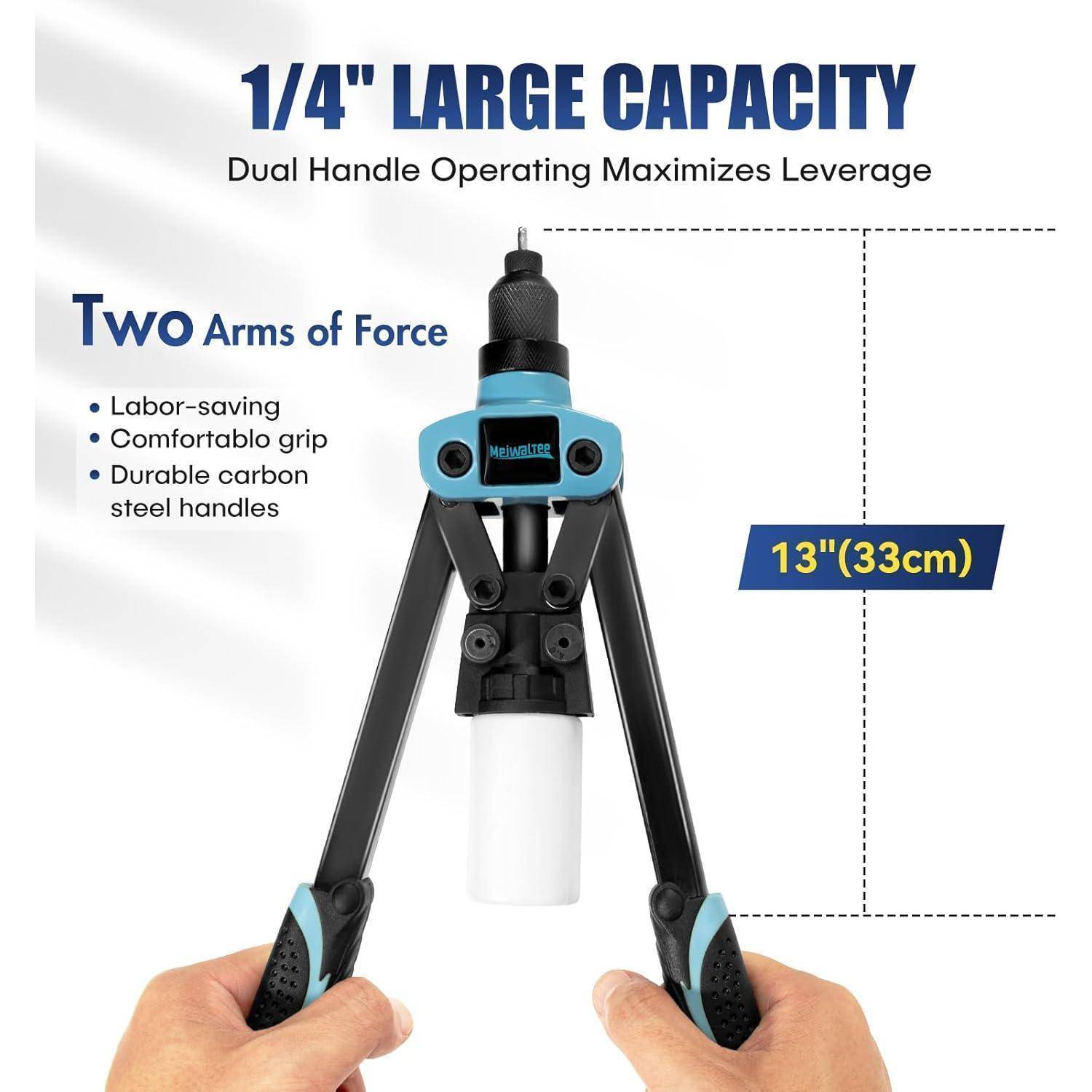 Werbebild eines großvolumigen Werkzeugs mit 1/4-Zoll-Größe und Doppelgriffen, das zweiarmige Hebelwirkung, arbeitsparende ergonomische Griffe, haltbare Griffe aus Kohlenstoffstahl und eine Höhe von 13 Zoll (33 cm) zeigt.