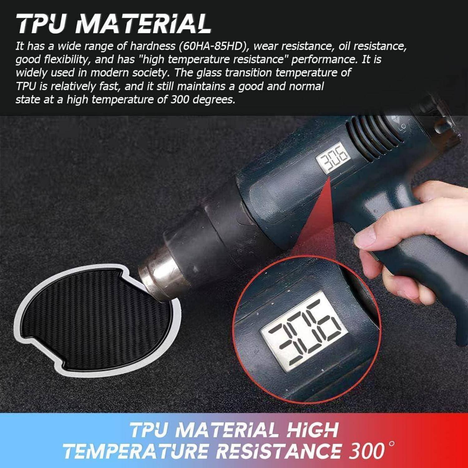 Eine Wärmepistole, die auf eine TPU-Probe gerichtet ist, mit Text, das die breite Härtebereich von TPU-Material, Verschleiß- und Ölbeständigkeit, Flexibilität und 300°-Hochtemperaturbeständigkeit hervorhebt.