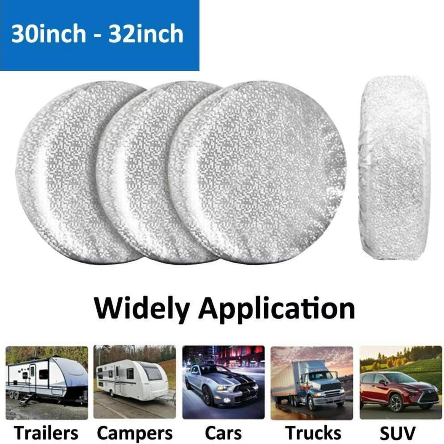 Produktbild mit 30-Zoll bis 32-Zoll silbernen runden Polstern oder Abdeckungen, gekennzeichnet mit „Weit verbreitete Anwendung" und verwendet für Anhänger, Wohnmobile, Autos, Lastkraftwagen und SUVs.