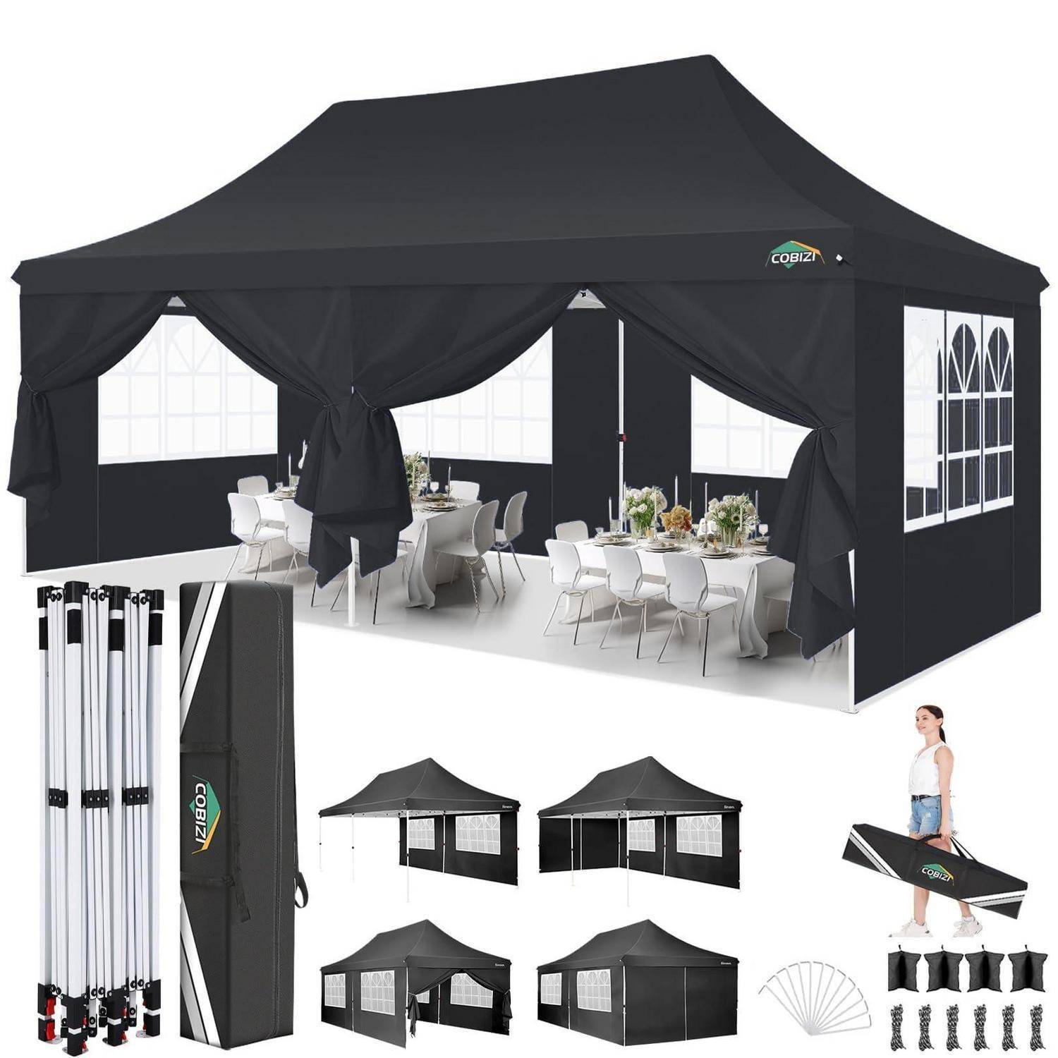Produktcollage eines schwarzen Pop-up-Pavillons mit aufgestellten Seitenwänden und Tischen, zusammengeklapptem Rahmen, Dach und Zubehör; beinhaltet eine Person zur Größenreferenz.