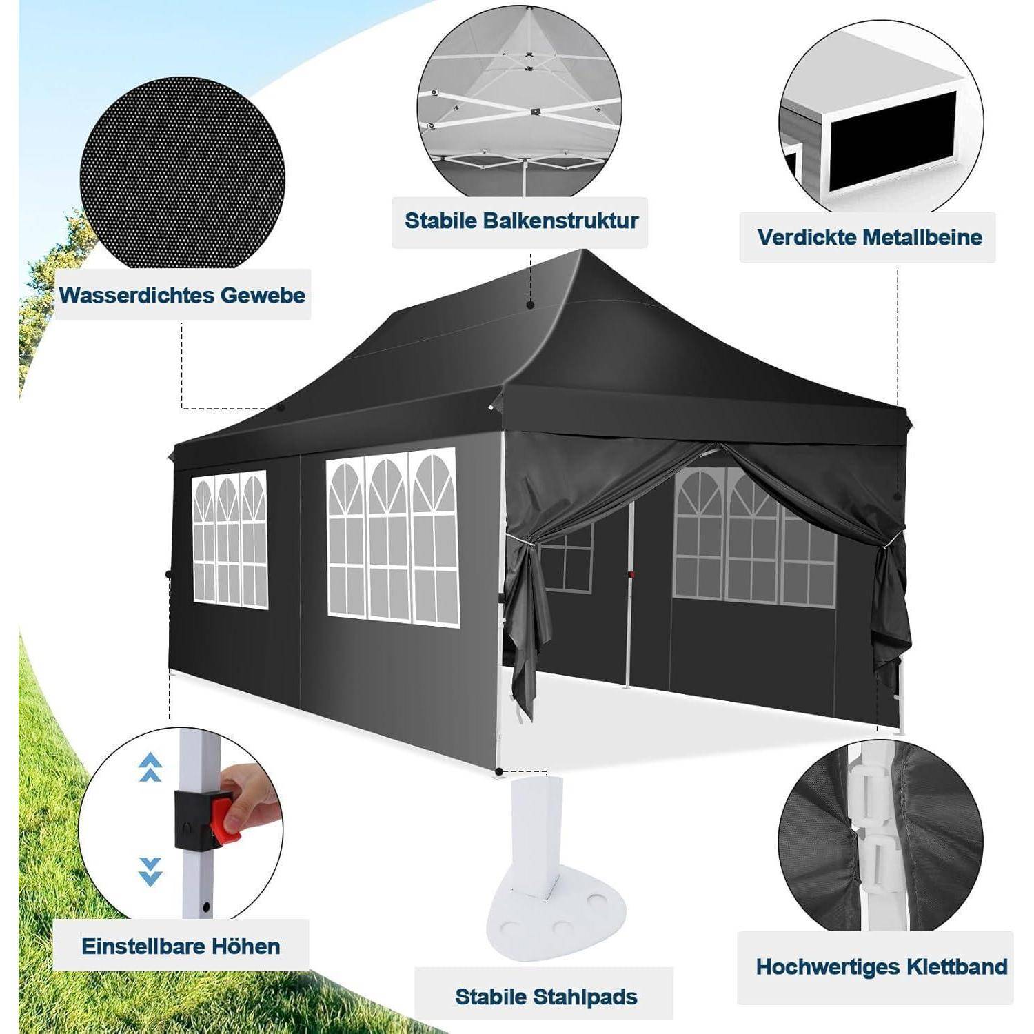 Schwarzes Pop-Up-Pavillon-Zelt mit beschrifteten Hinweisen für wasserfestes Gewebe, stabiles Gestell, verstärkte Metallbeine, verstellbare Höhe, Stahlfüße und Klettverschlüsse.