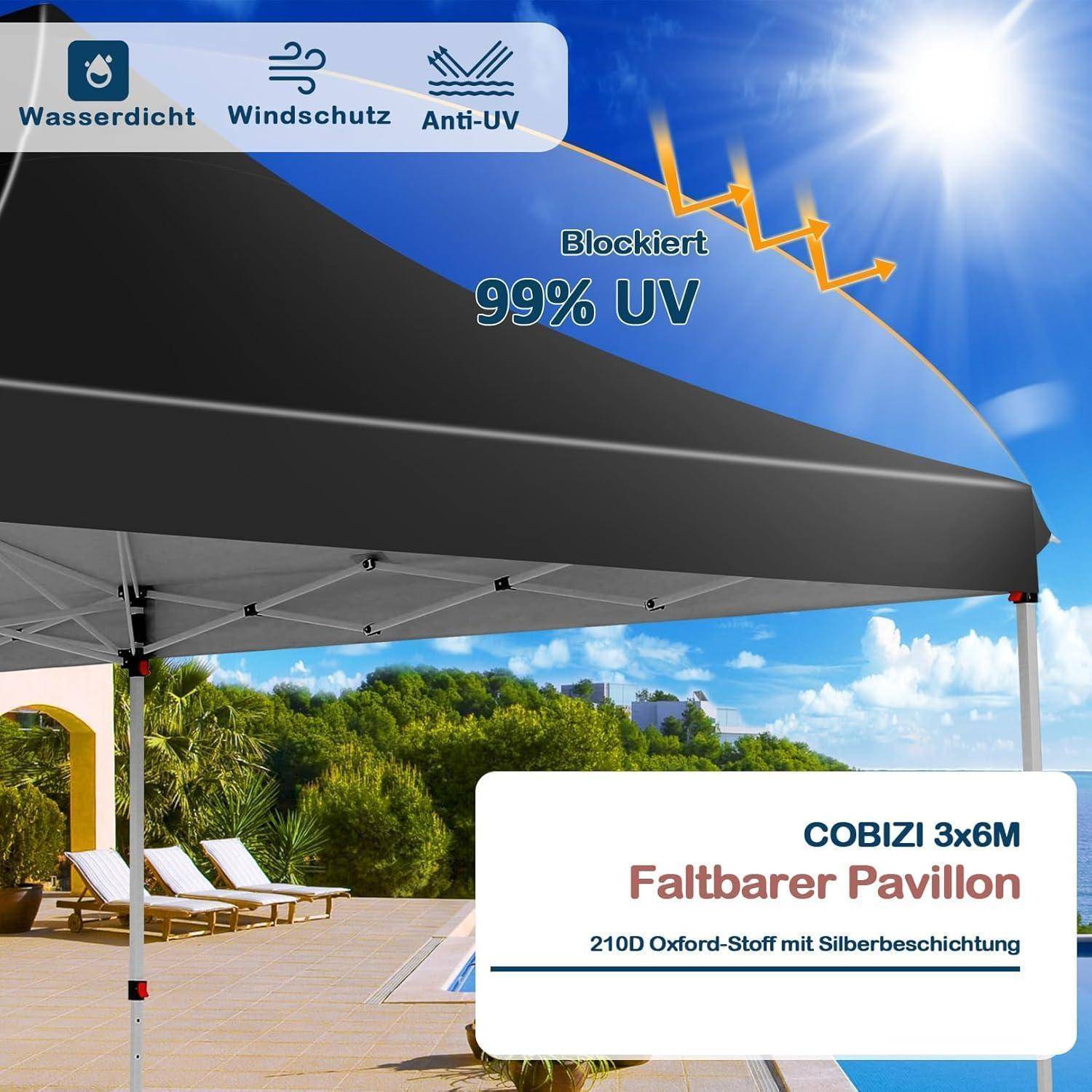 Werbebild eines grauen COBIZI 3x6m Faltpavillons, das die wasserdichte, windfeste, UV-Schutz- und 99% UV-Blockierungseigenschaften hervorhebt.
