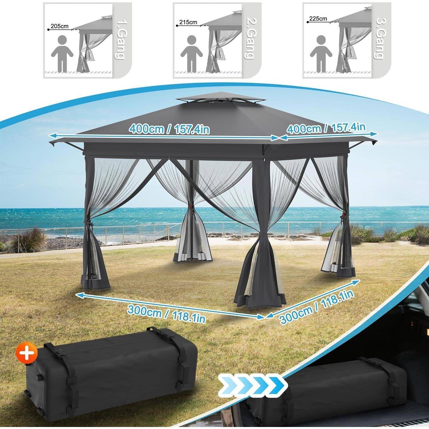 Outdoor-Pavillon mit Vorhängen und Tragetasche, mit 400 cm Dach- und 300 cm Grundflächenabmessungen und Freiraum-Optionen von 205, 215 und 225 cm.