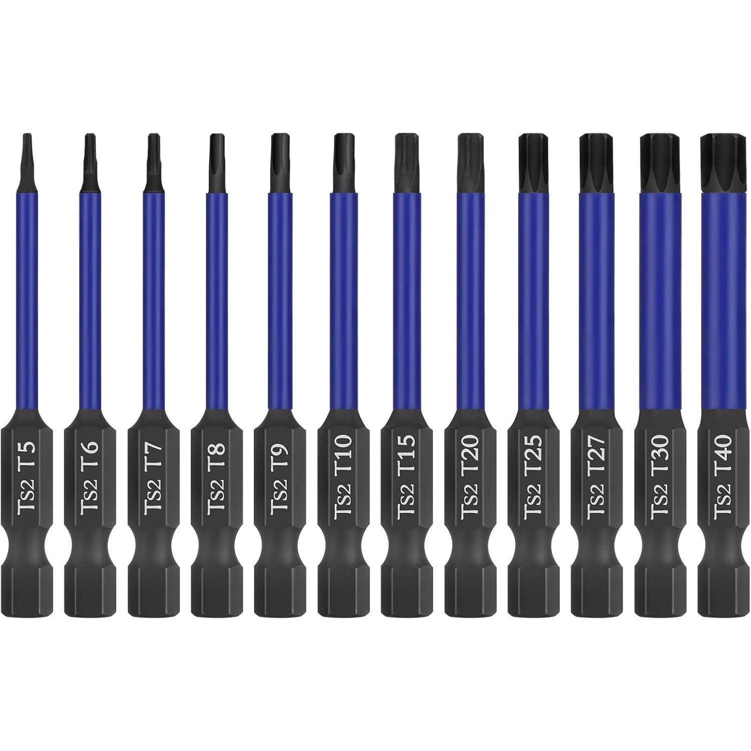 Satz blauer Schraubendreher-Bits mit den Bezeichnungen T5 bis T40, angeordnet nach Größe von klein bis groß.