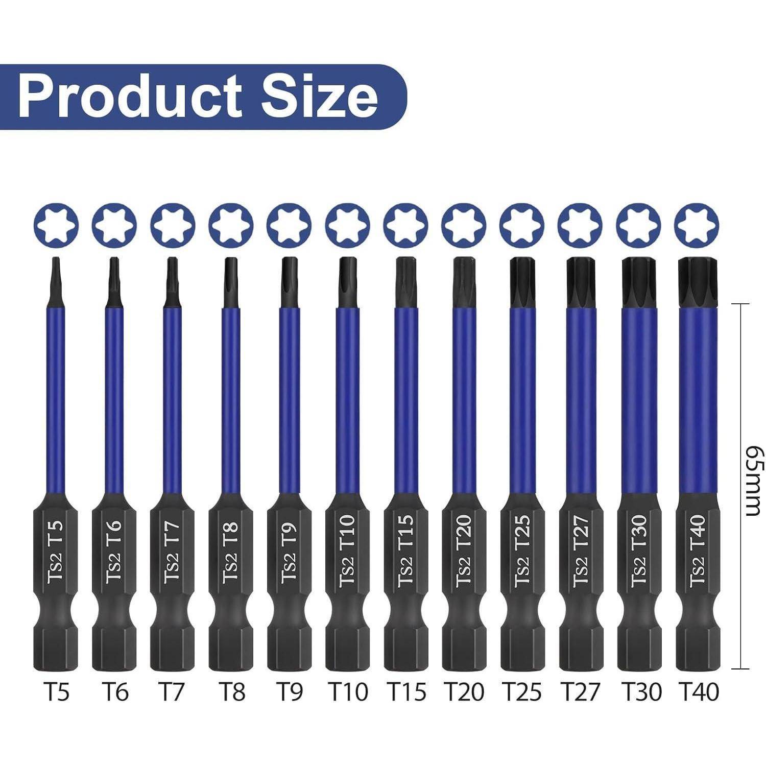 Größentabelle für Produkte mit Torx-Schraubendrehern von T5 bis T40, jeweils mit Größenbezeichnung gekennzeichnet, mit angegebener Länge von 65 mm.