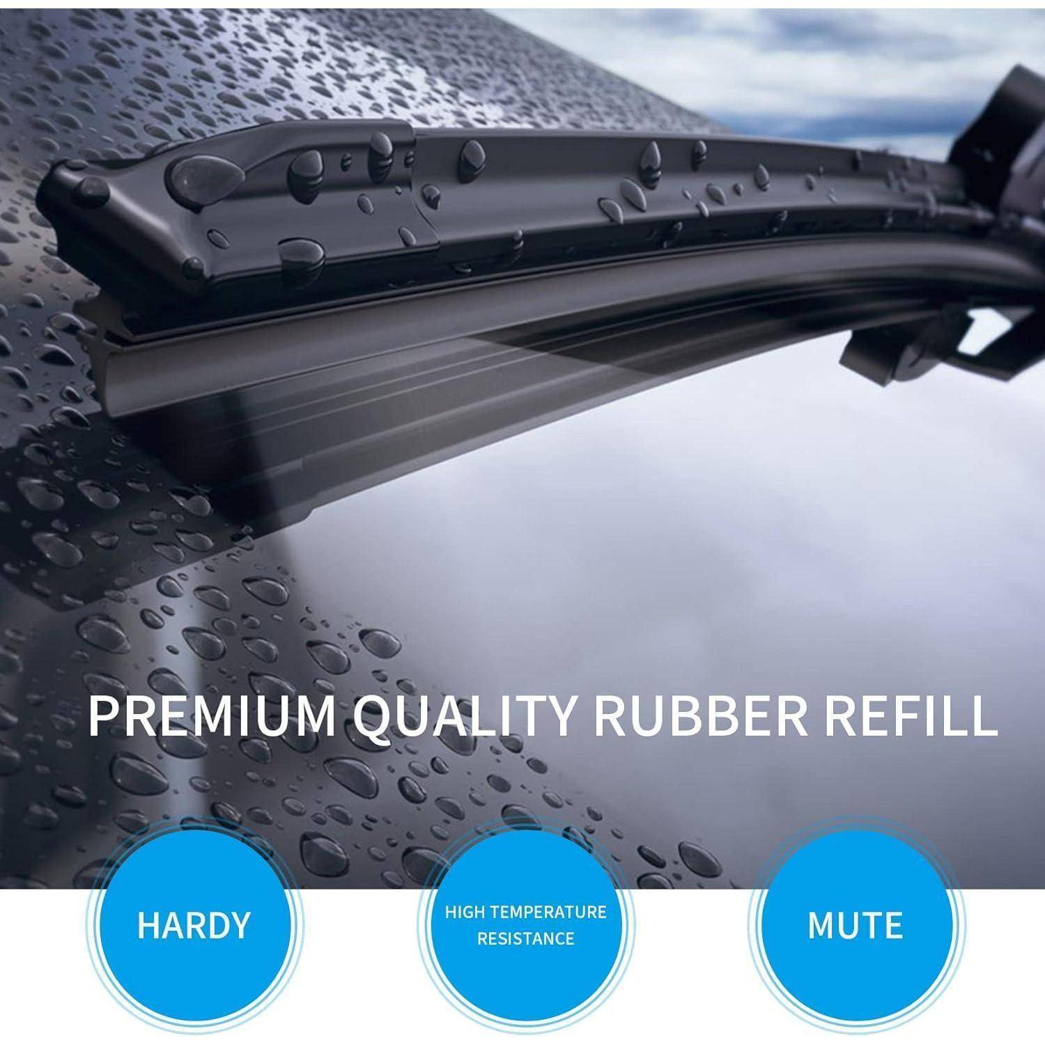 Produktbild eines Scheibenwischers auf einem regennassen Autofenster mit dem Text „PREMIUM QUALITY RUBBER REFILL