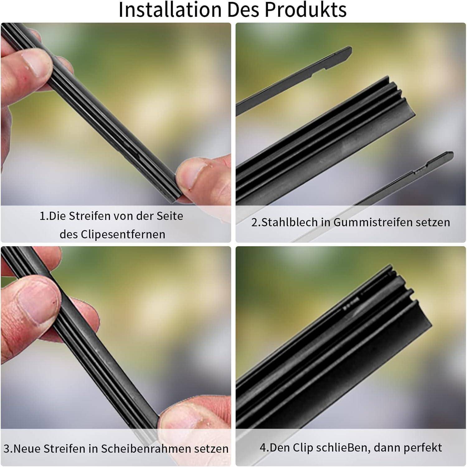 Vierstufiges Installationsdiagramm für einen Scheibenwischer: Seitenstreifen entfernen, Stahlstreifen in Gummi einführen, in Rahmen einsetzen und dann Klammer schließen.