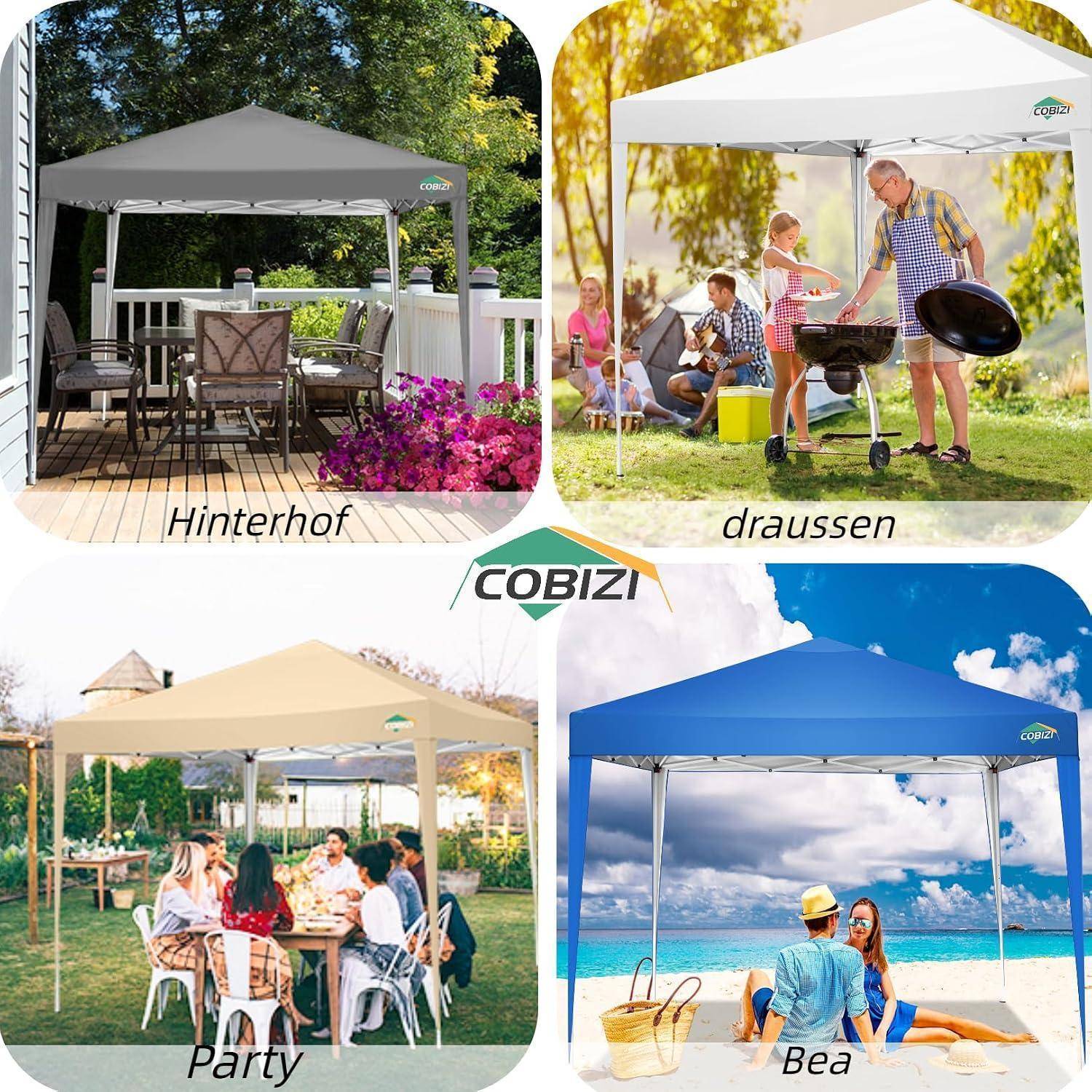 Collage aus vier COBIZI-Baldachninzelten, die in Hinterhof-, Outdoor-Veranstaltungs-, Party- und Strandszenarien verwendet werden.