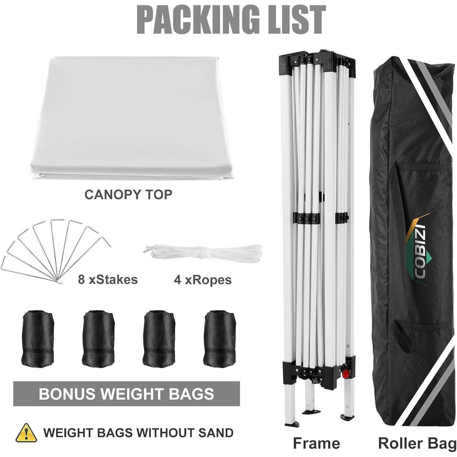 Packliste für ein Kuppelzelt: Dachplane, Gestell, Reisetasche, 8 Heringe, 4 Seile und Bonusgewichtssäcke ohne Sand.