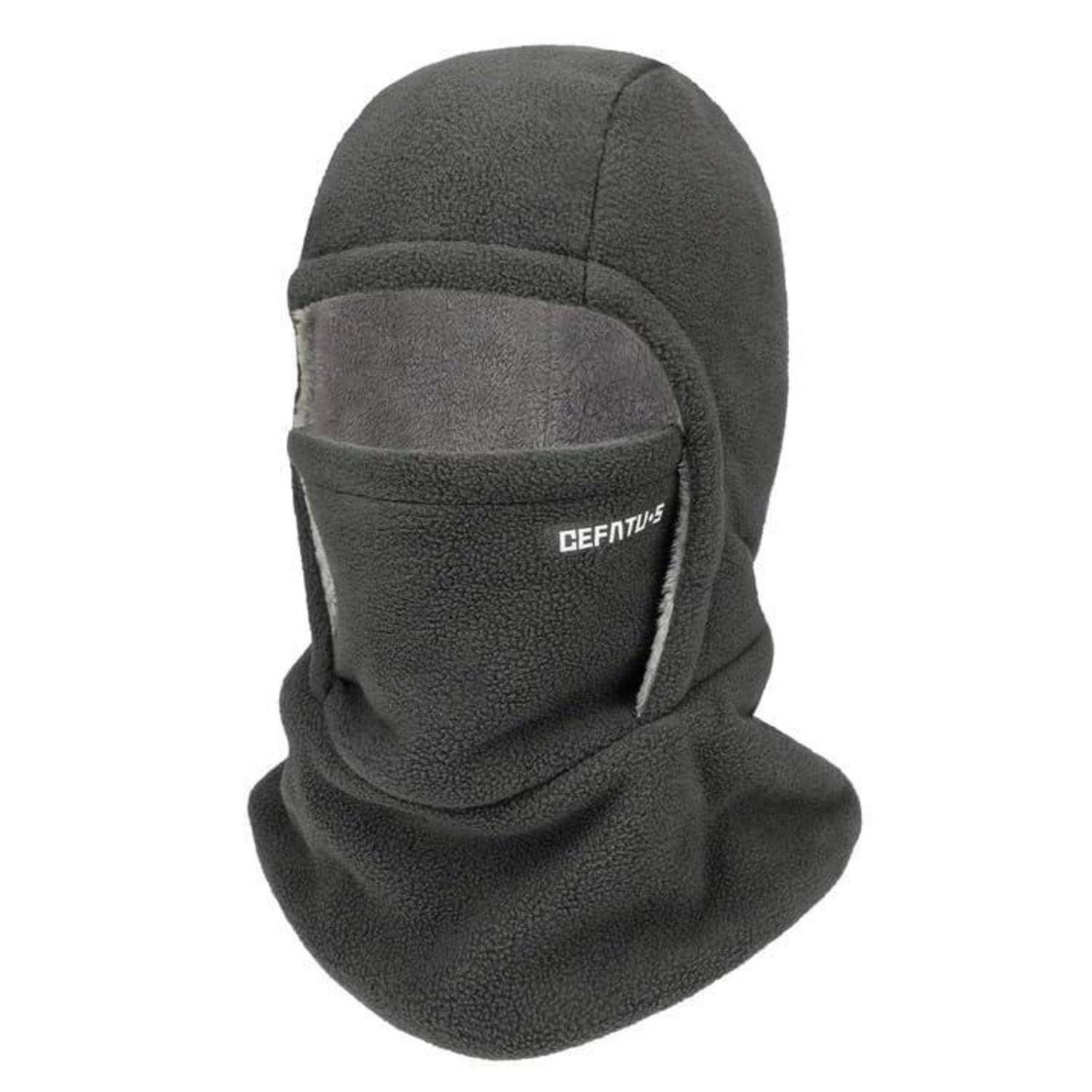 Schwarze Fleece-Balaclava-Gesichtsmaske mit vollständiger Kopf- und Nackenbedeckung, Marke 'CEFATU'S'.
