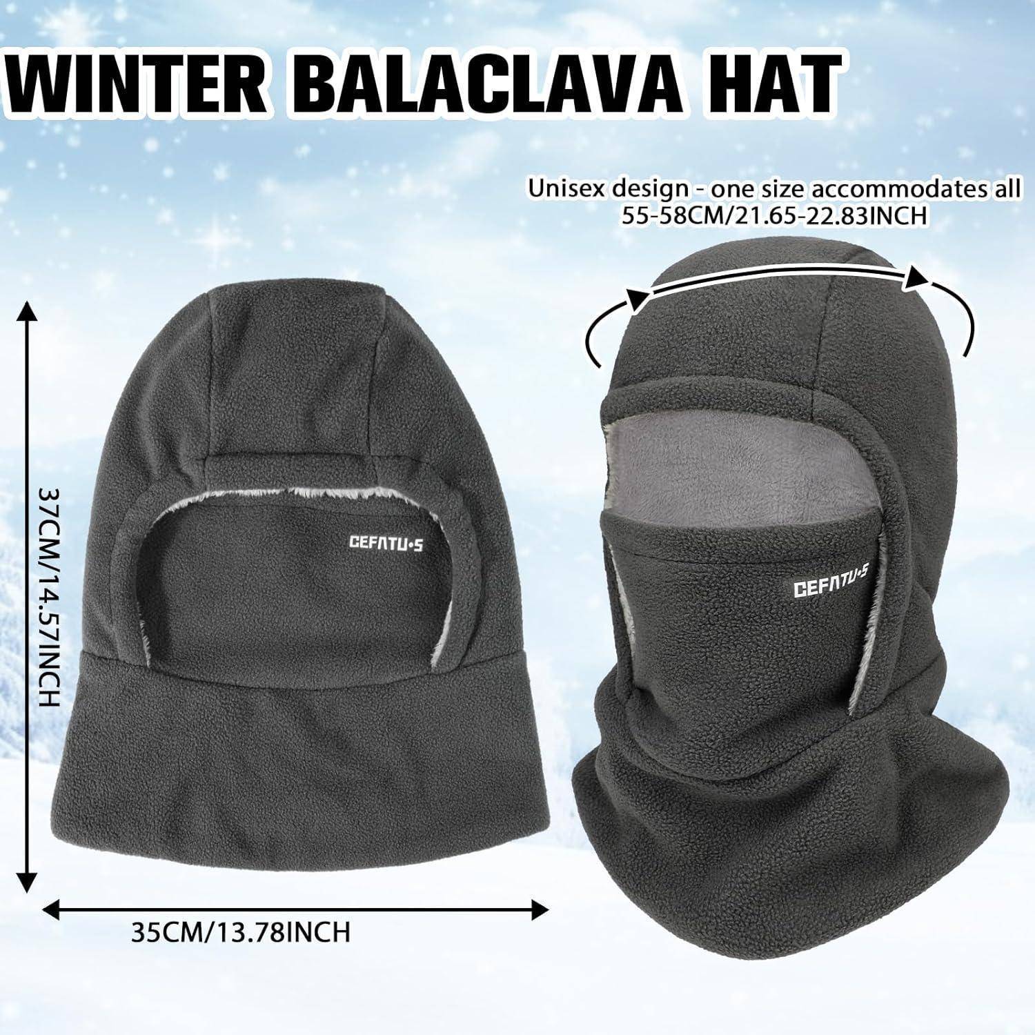 Wintermütze Sturmhaube Produktbild mit Vorder- und Trageansicht, gekennzeichnet als Unisex Einheitsgröße für 55-58 cm, 37 cm hoch und 35 cm breit.