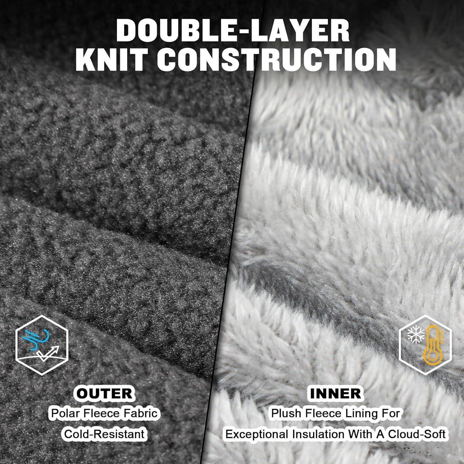 Geteiltes Bild zeigt die Konstruktion aus doppellagigem Strickstoff: äußerer Polar-Fleece-Stoff für Kältebeständigkeit und innere Plüsch-Fleece-Fütterung für wolkenweiche Isolierung.