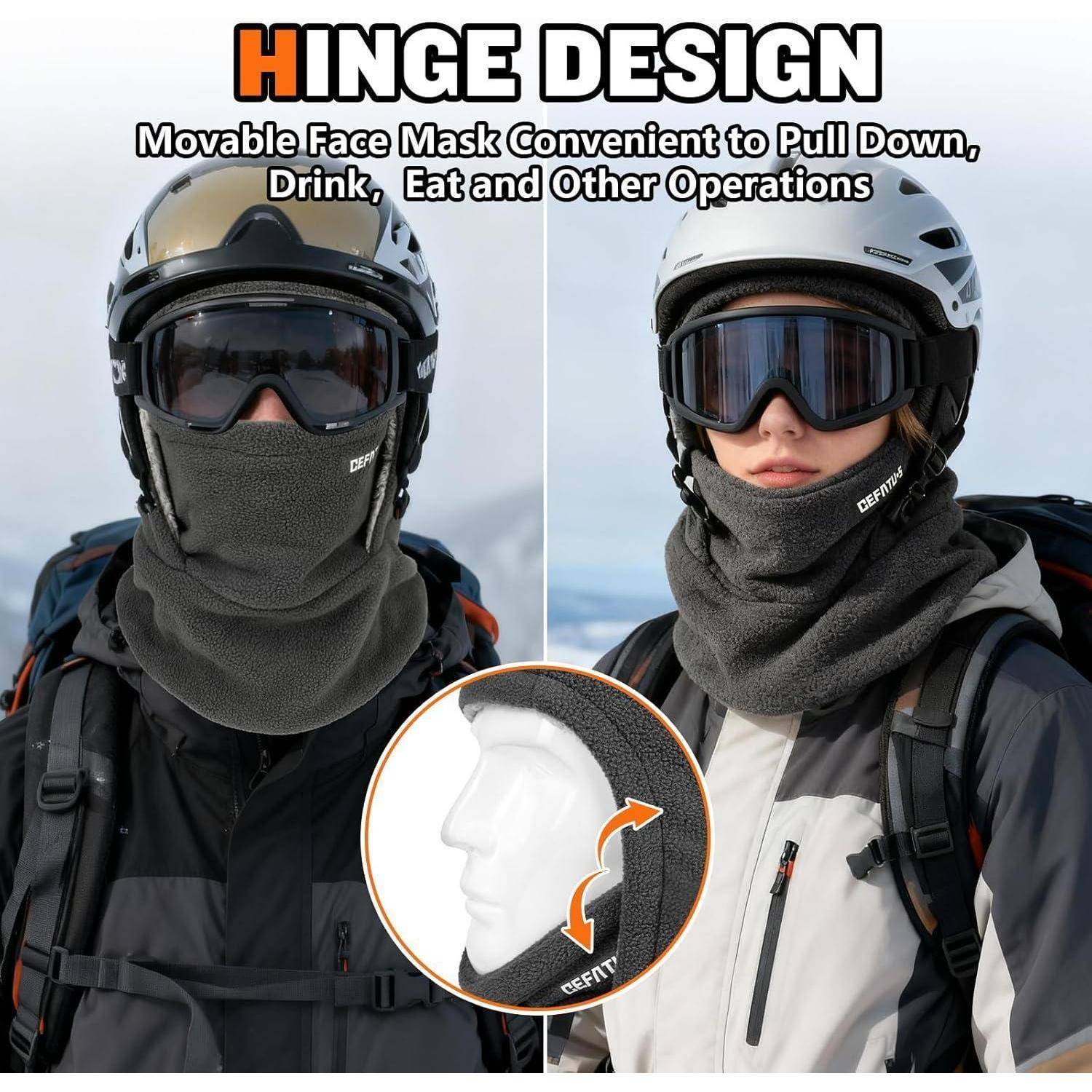 Produktwerbung zeigt zwei Personen in Skihelmen und Skibrillen, die eine Gesichtsmaske mit Scharnier tragen; eine Detailzeichnung zeigt die Maske, die zum Trinken nach unten geklappt wird.