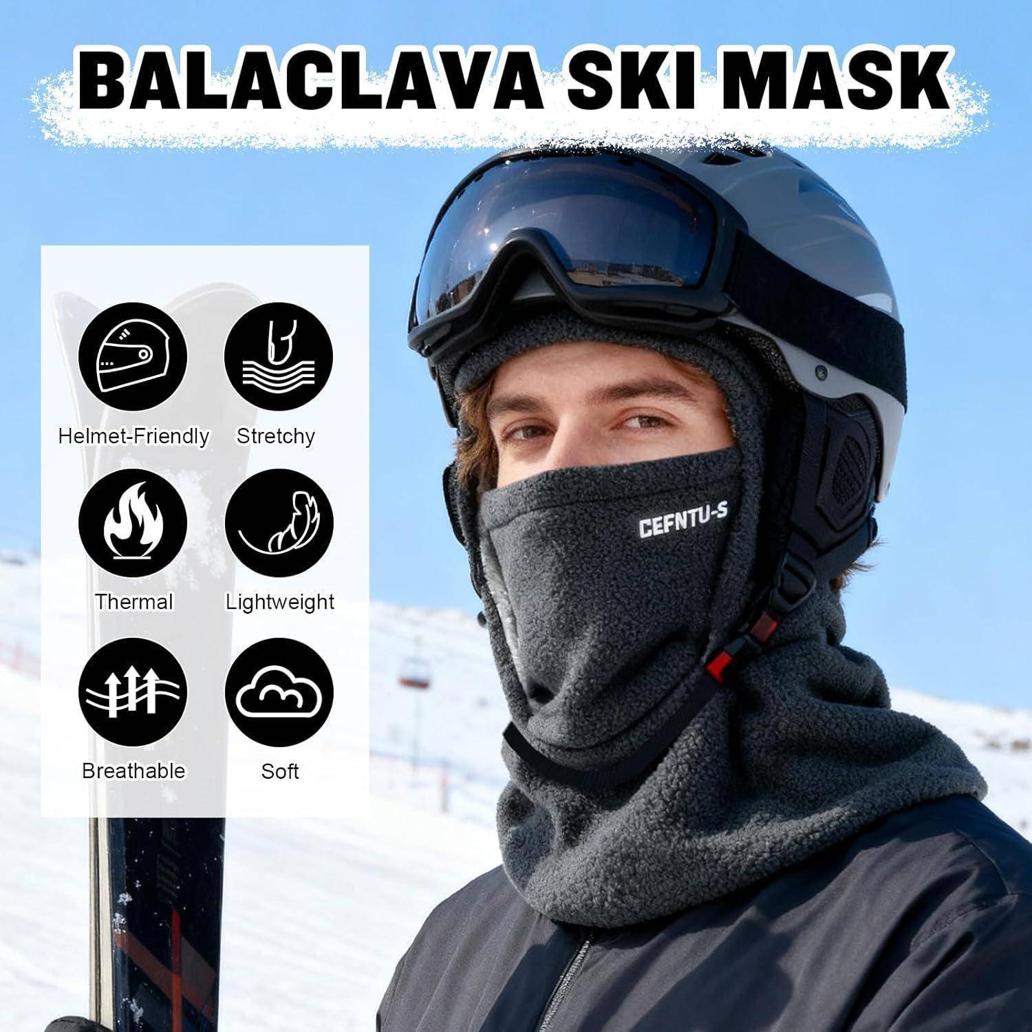 Mann mit schwarzer Sturmhaube und Helm im Freien, mit Text „STURMHAUBE SKI MASKE