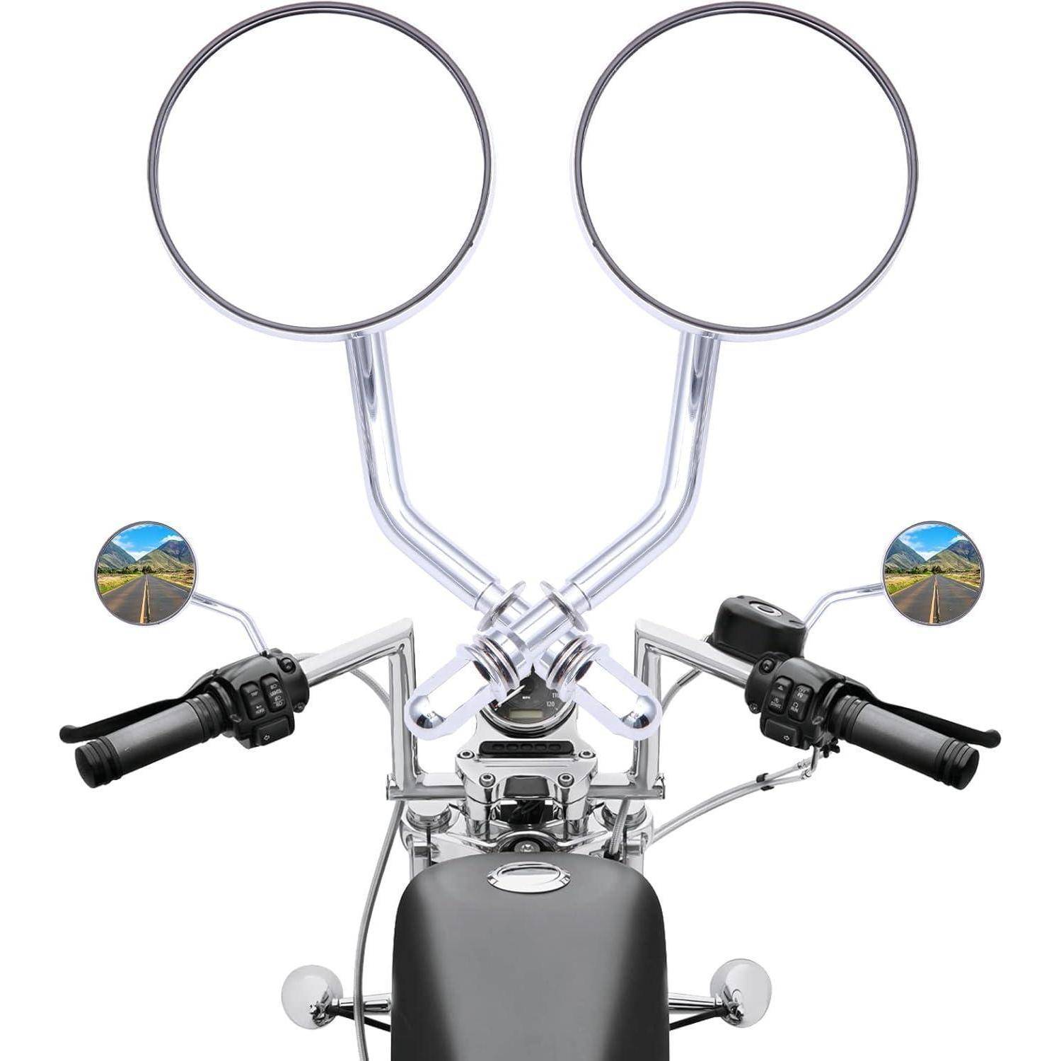 Chrome-Motorradlenker mit zwei runden Spiegeln und schwarzen Handgriffen auf weißem Hintergrund, in Frontansicht dargestellt.