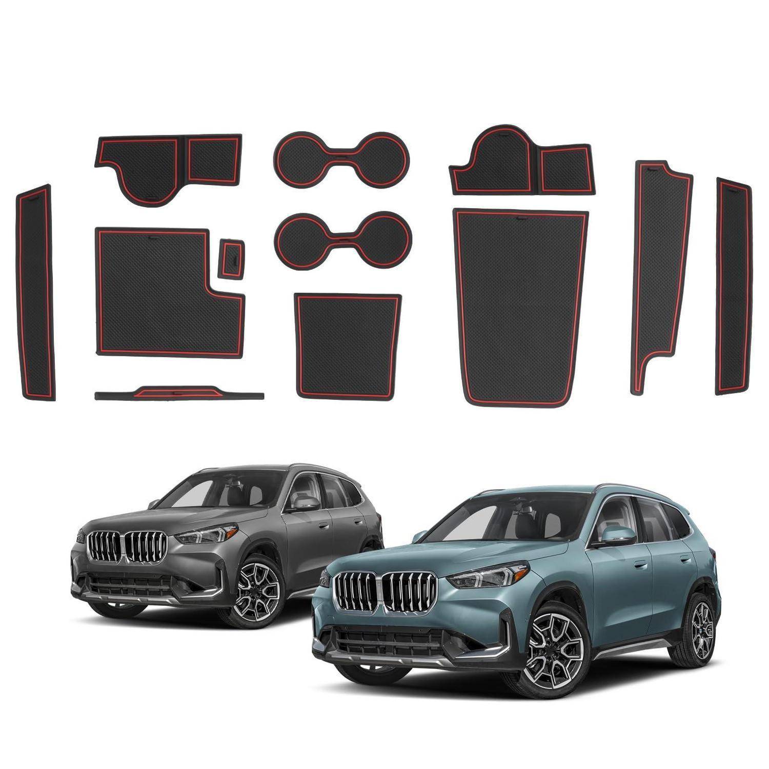 Musterstücke für einen Autoinnenraum-Fußmattensatz über zwei BMW-SUVs, die als Produktbeispiele gezeigt werden, einer grau und einer blau.
