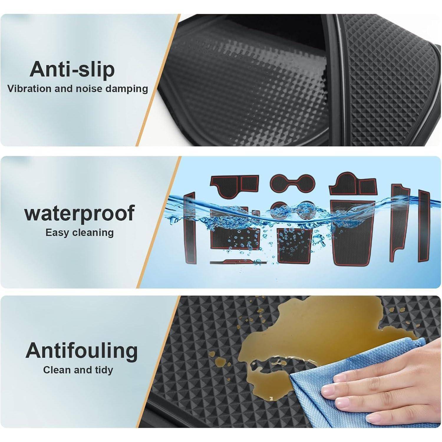 Grafik mit drei Paneelen zur Darstellung von rutschfesten, wasserdichten und antifouling-Eigenschaften mit Nahaufnahmen einer strukturierten Matte und einer Hand, die Verschüttetes sauber wischt.