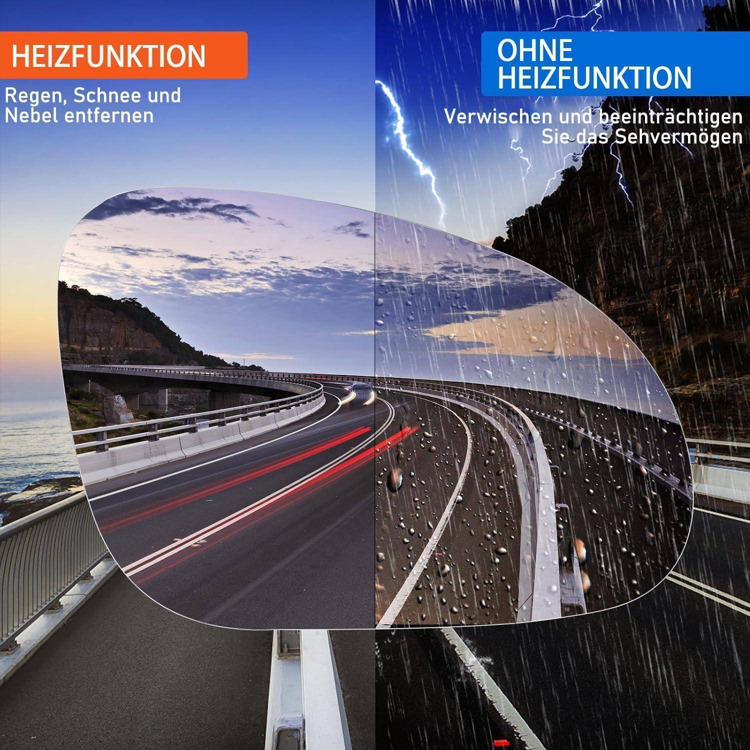 Geteiltes Bild vergleicht Autoscheibe mit Heizfunktion, die Regen, Schnee und Nebel entfernt, versus ohne Heizung, wo die Sicht durch Wetterbedingungen behindert wird.