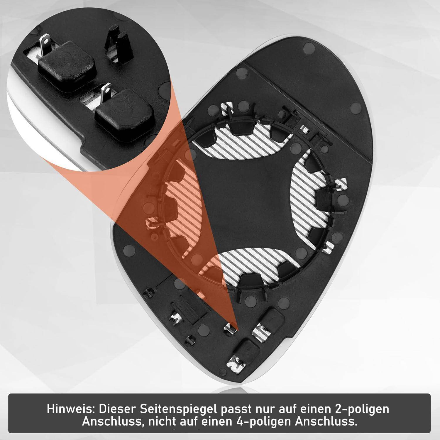 Diagramm einer Seitenspiegel-Halterung eines Autos, das zeigt, dass sie nur einen 2-poligen Stecker passt, nicht einen 4-poligen Stecker.