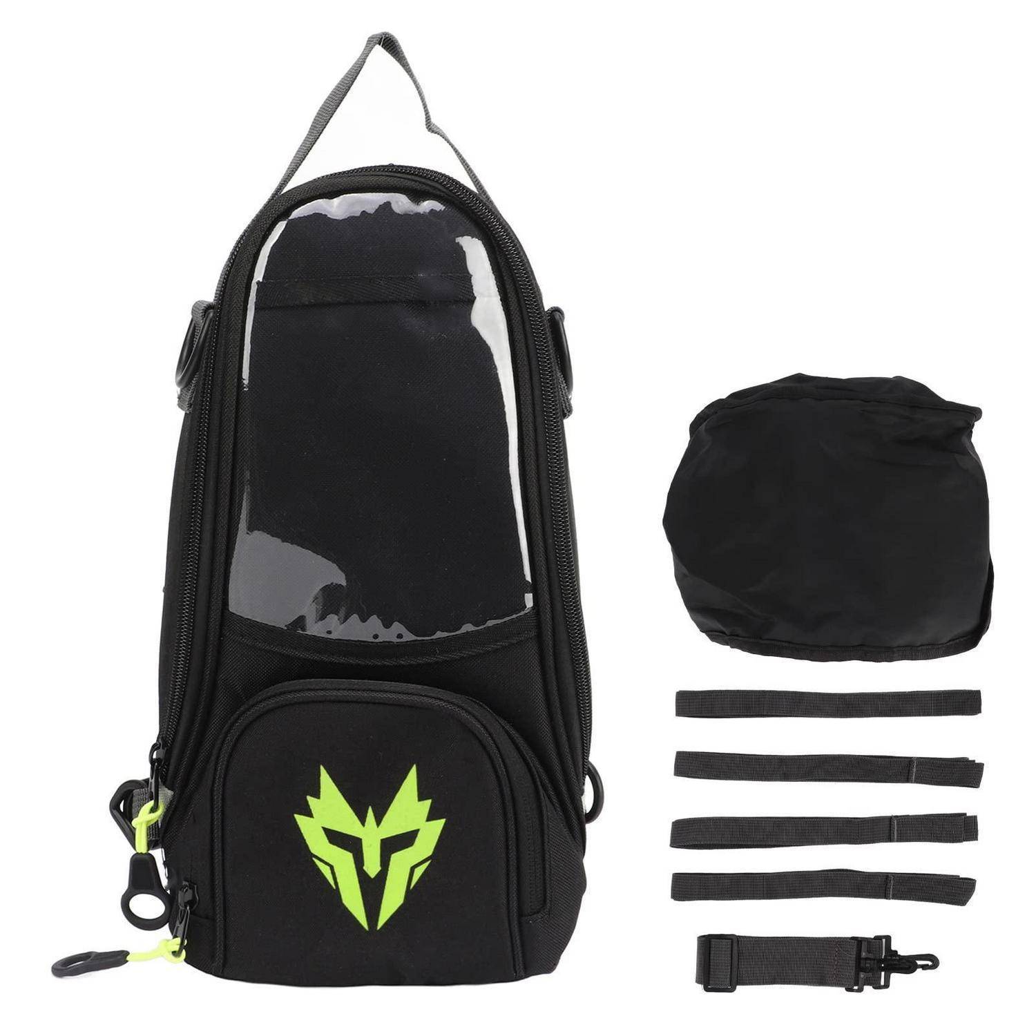 Schwarzer Haustier-Rucksack-Transporteur mit klarem Frontfenster, neongrünem Logo, seitlicher Netztasche und enthaltenen Schultergurt sowie Zubehörgurten.